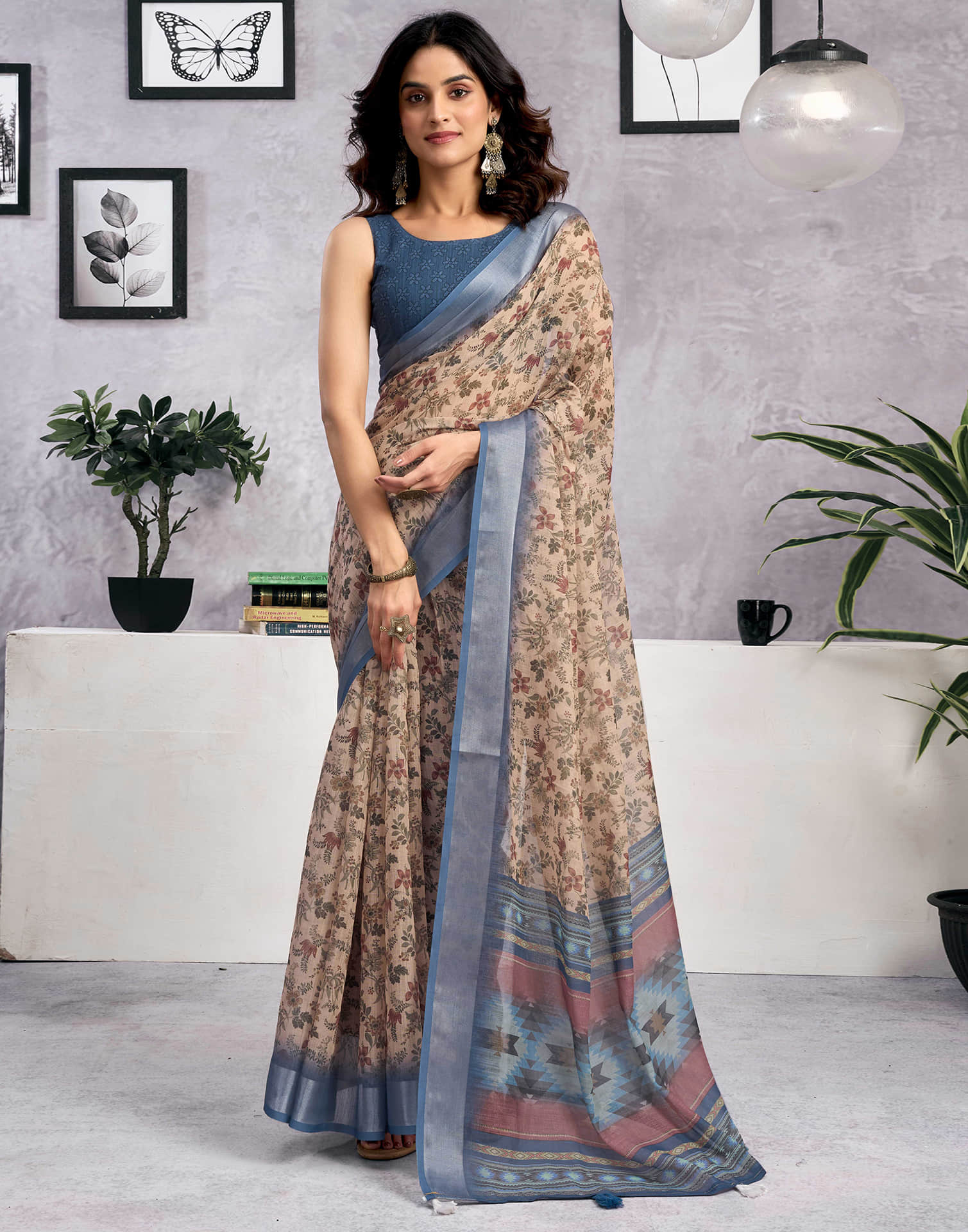 Beige Linen Floral Printed Saree