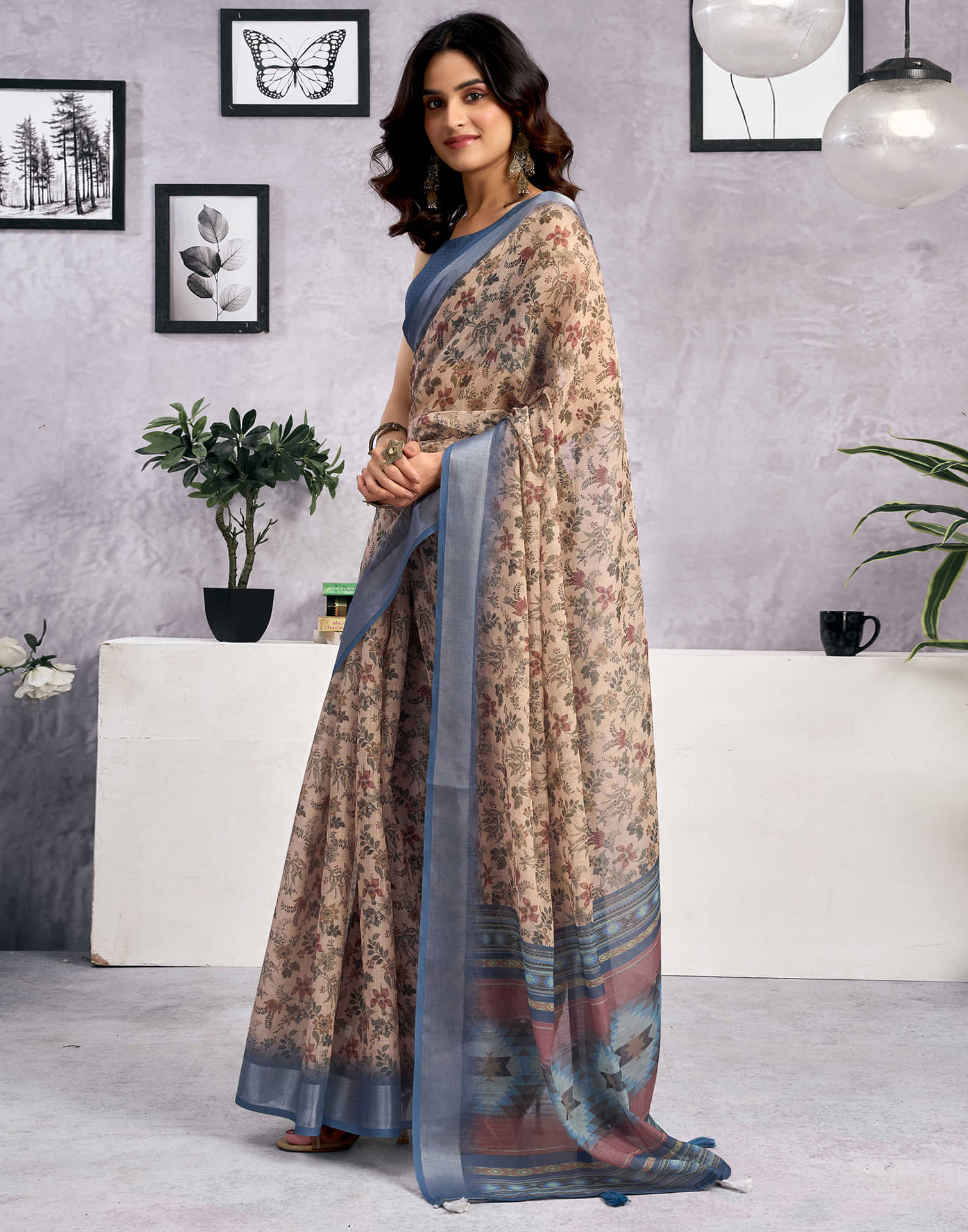 Beige Linen Floral Printed Saree