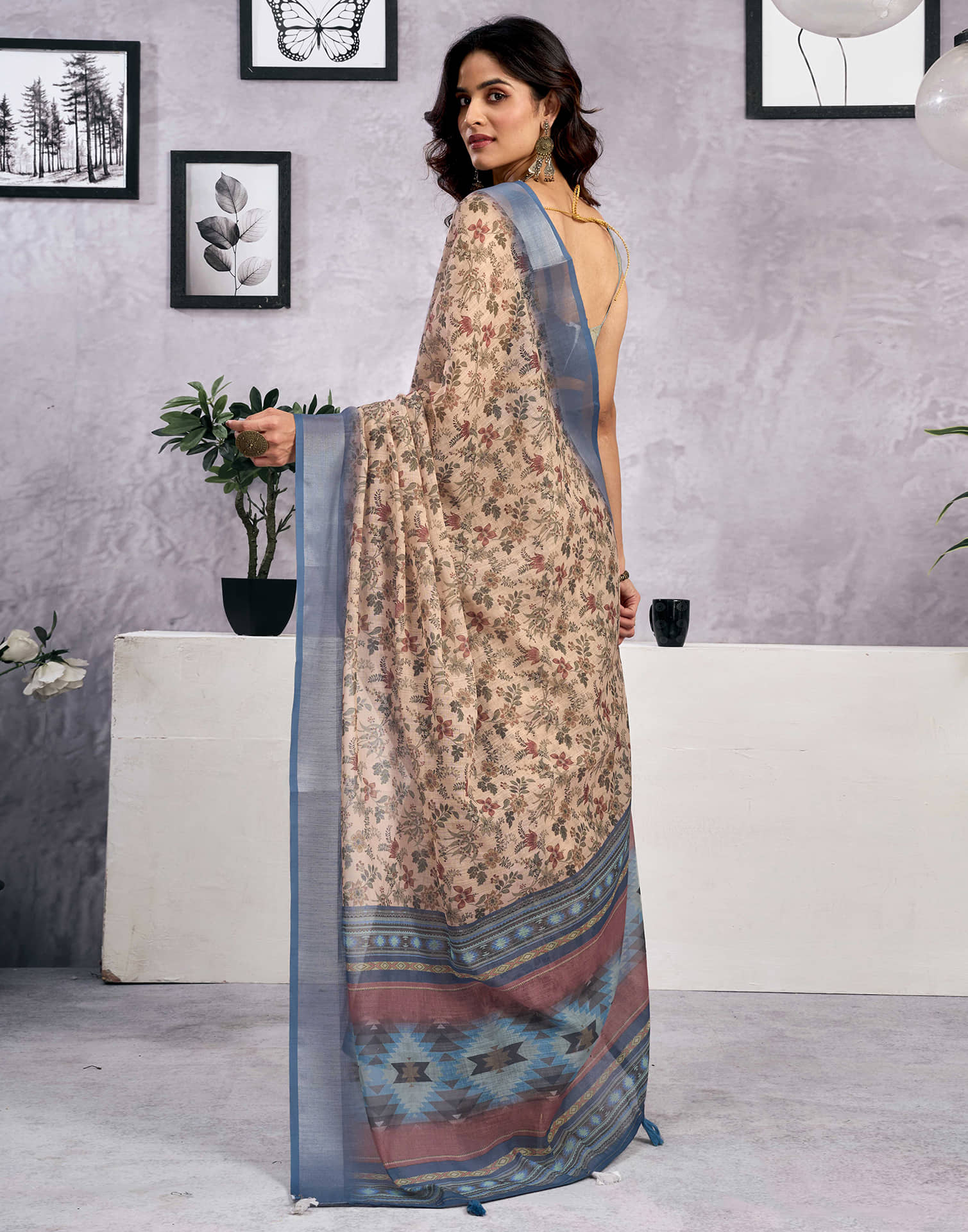 Beige Linen Floral Printed Saree