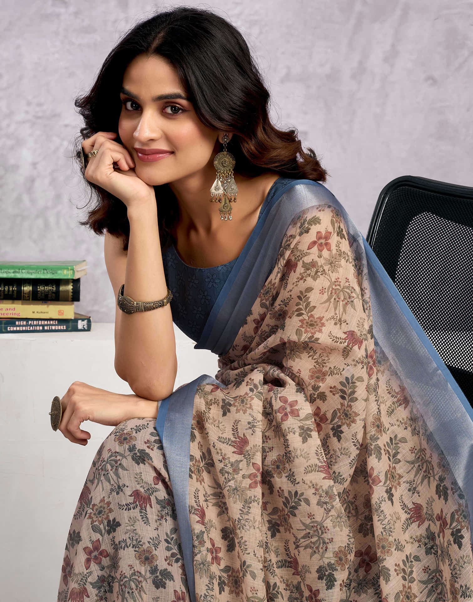 Beige Linen Floral Printed Saree