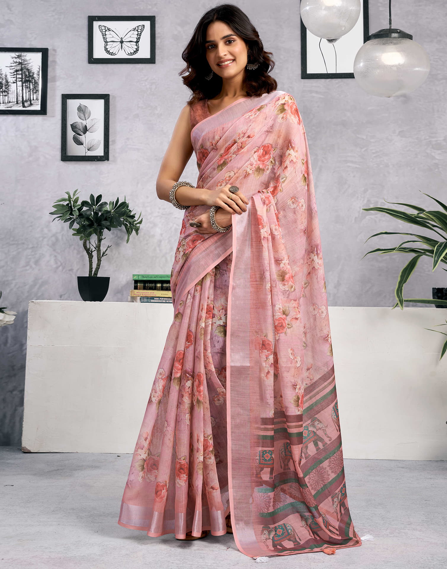 Dusty Peach Linen Floral Printed Saree