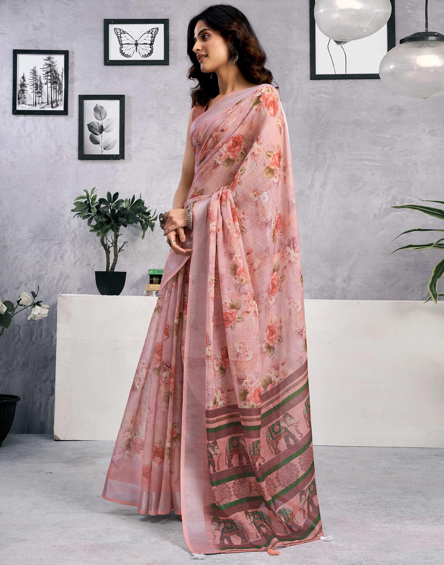 Dusty Peach Linen Floral Printed Saree