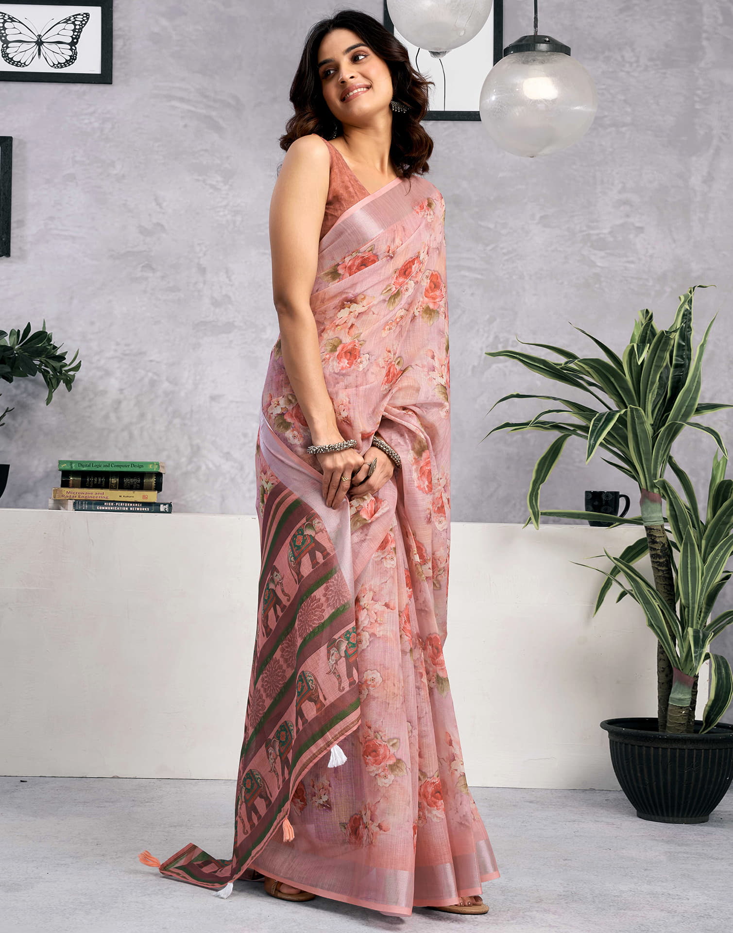 Dusty Peach Linen Floral Printed Saree