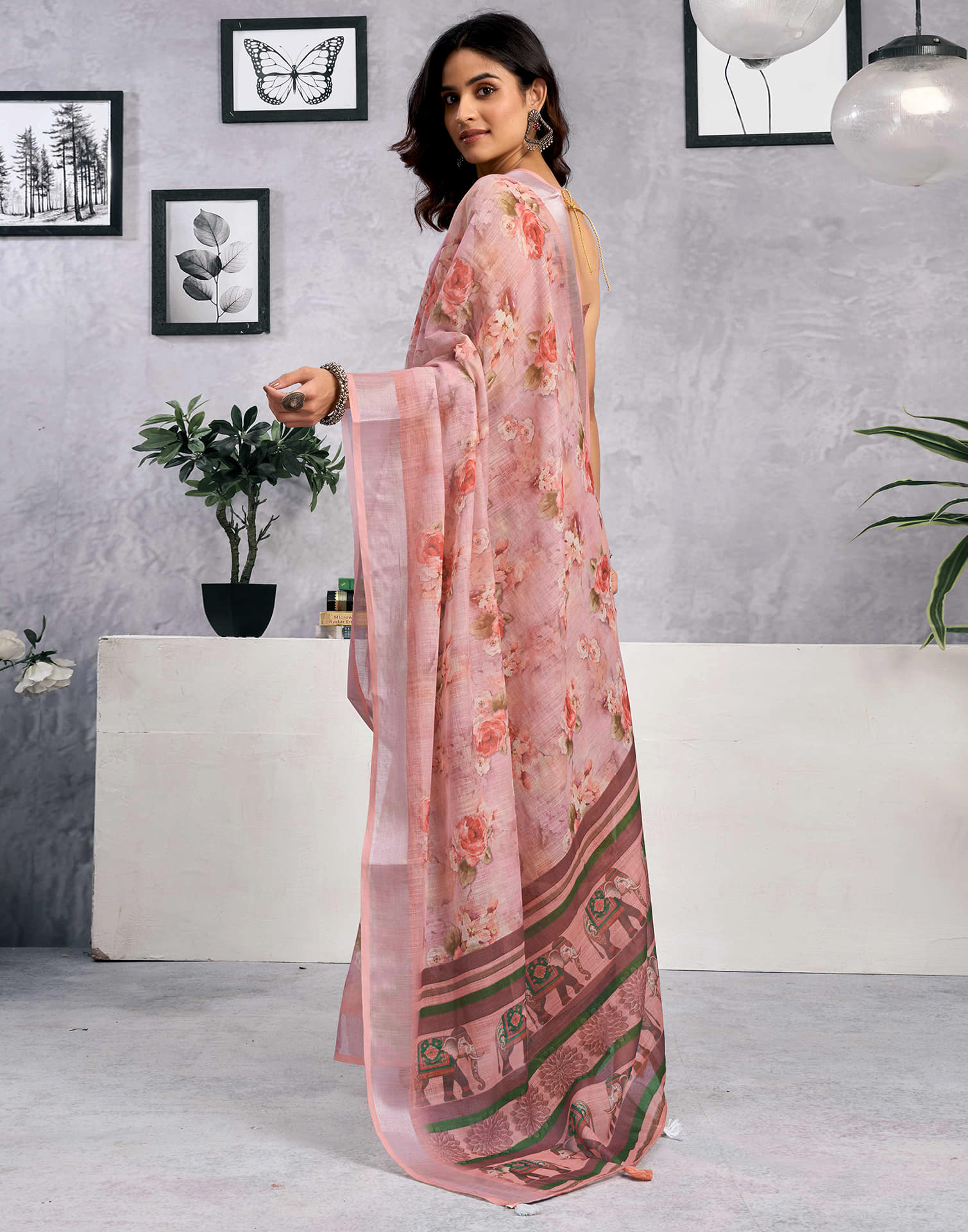 Dusty Peach Linen Floral Printed Saree