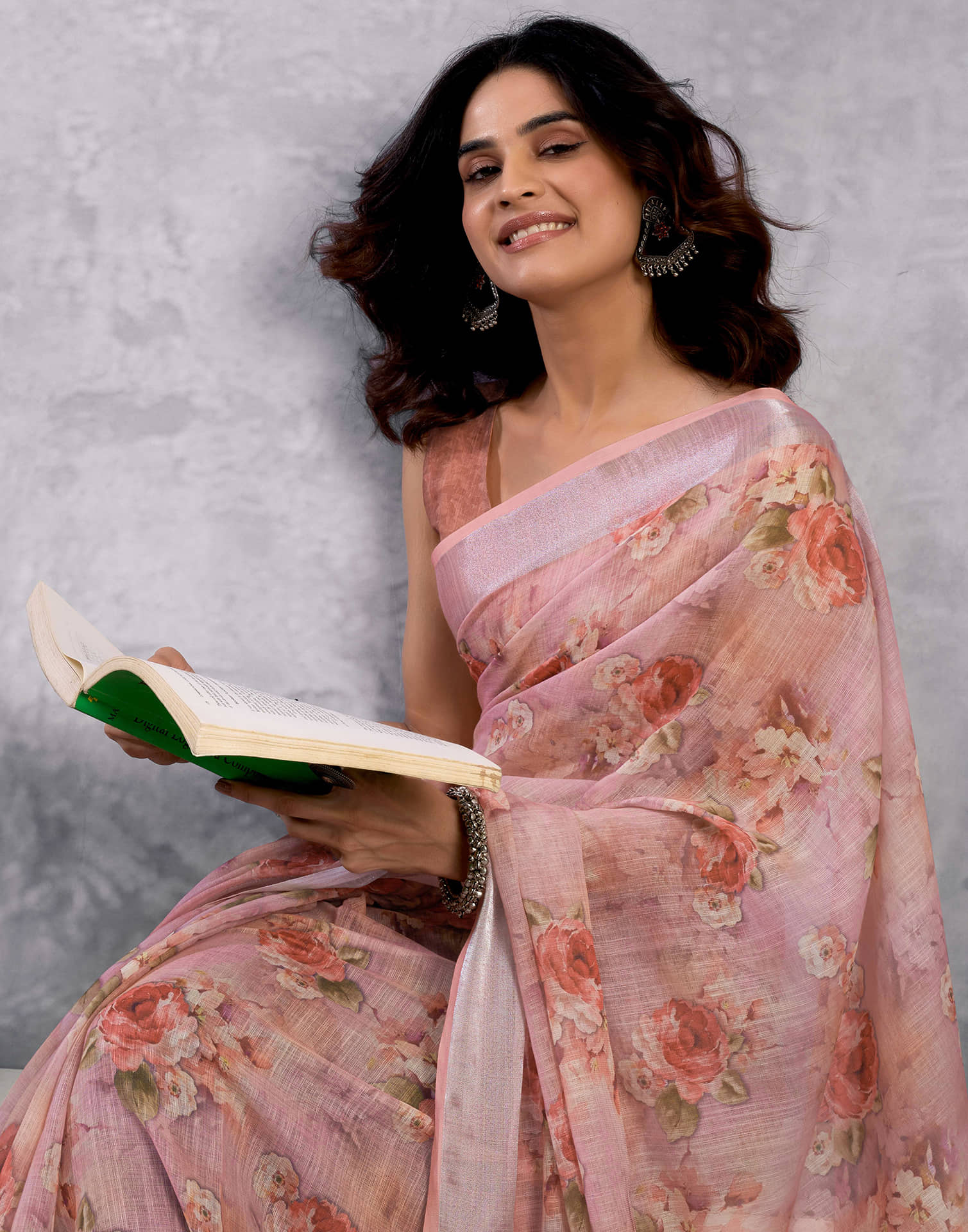 Dusty Peach Linen Floral Printed Saree