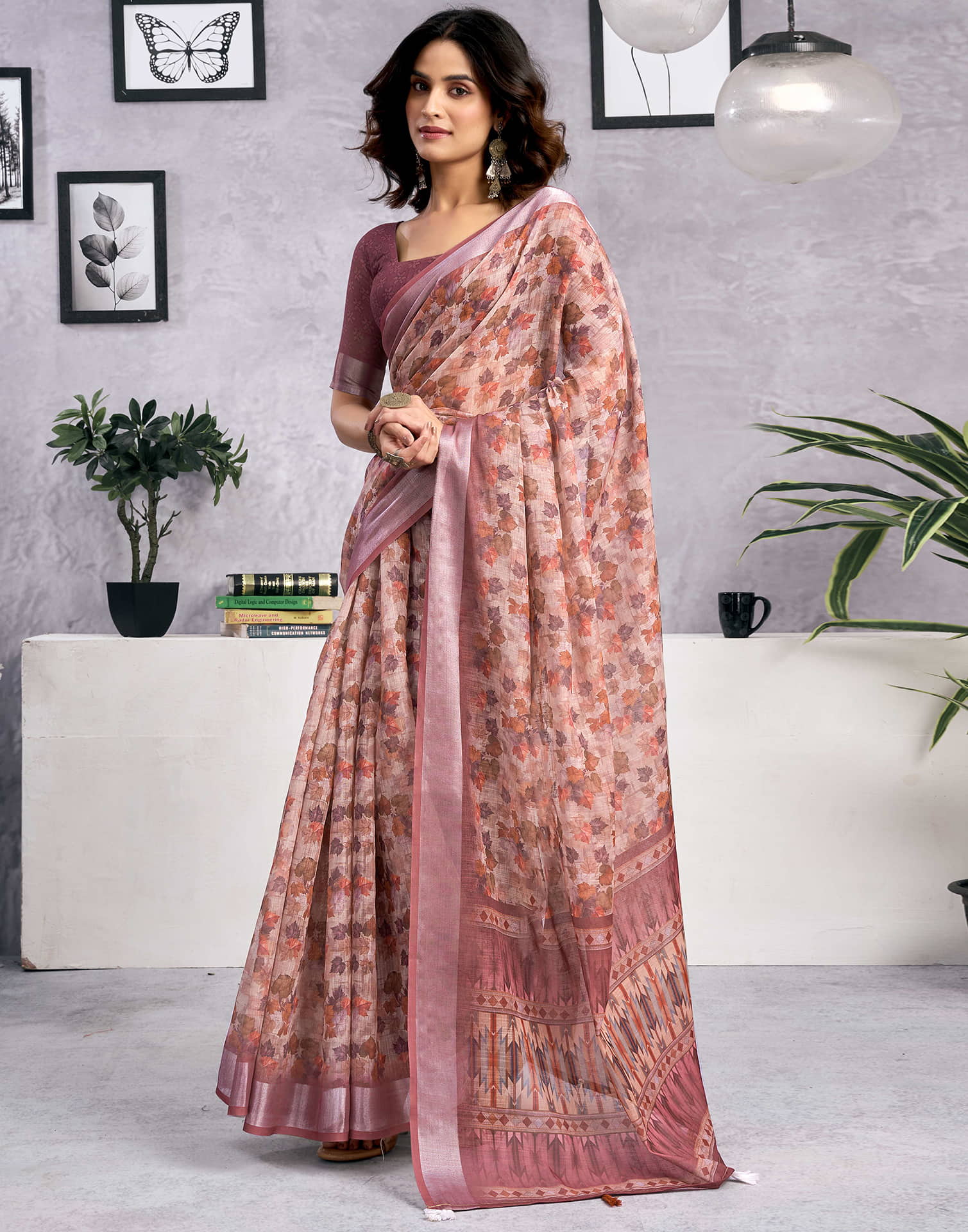 Beige Linen Printed Saree