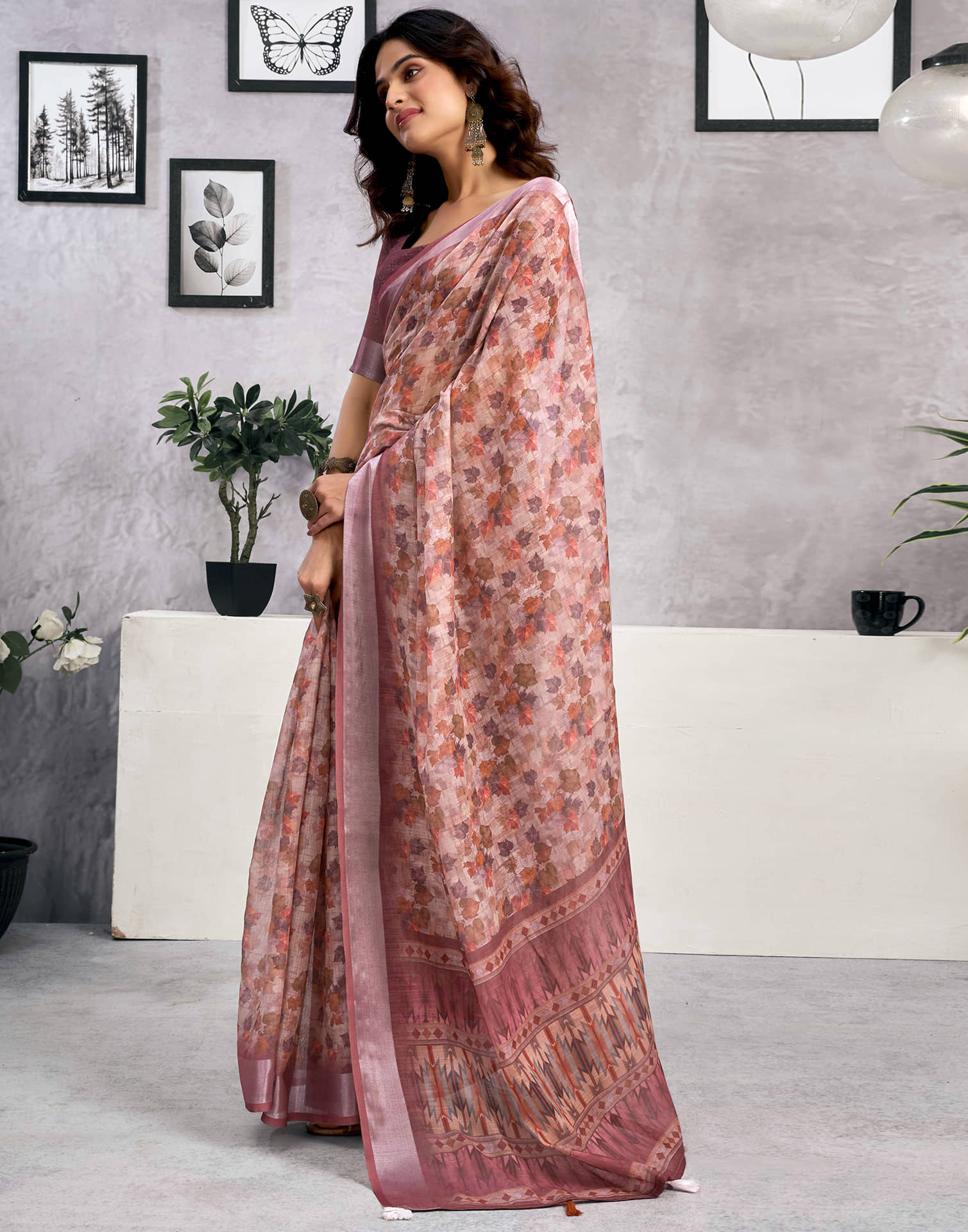 Beige Linen Printed Saree