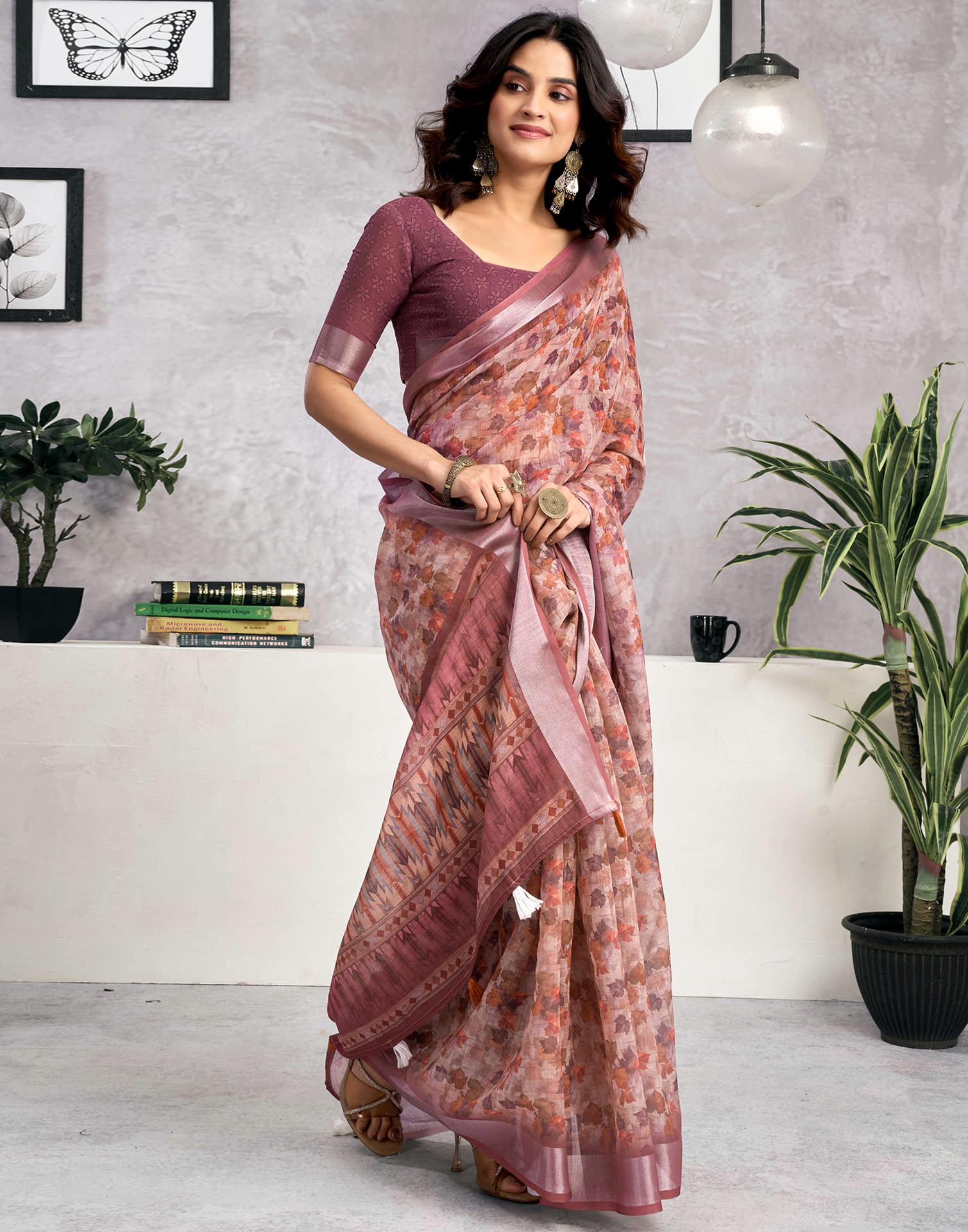 Beige Linen Printed Saree