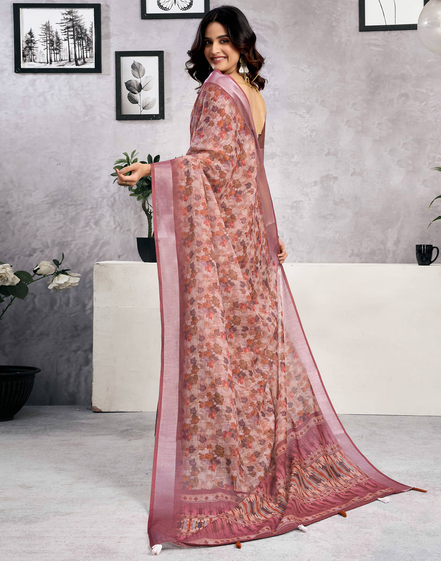 Beige Linen Printed Saree