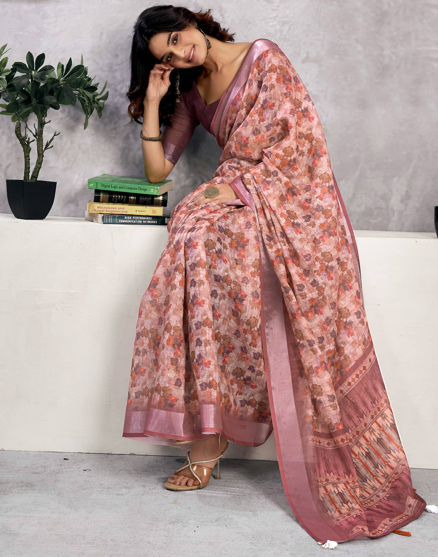 Beige Linen Printed Saree