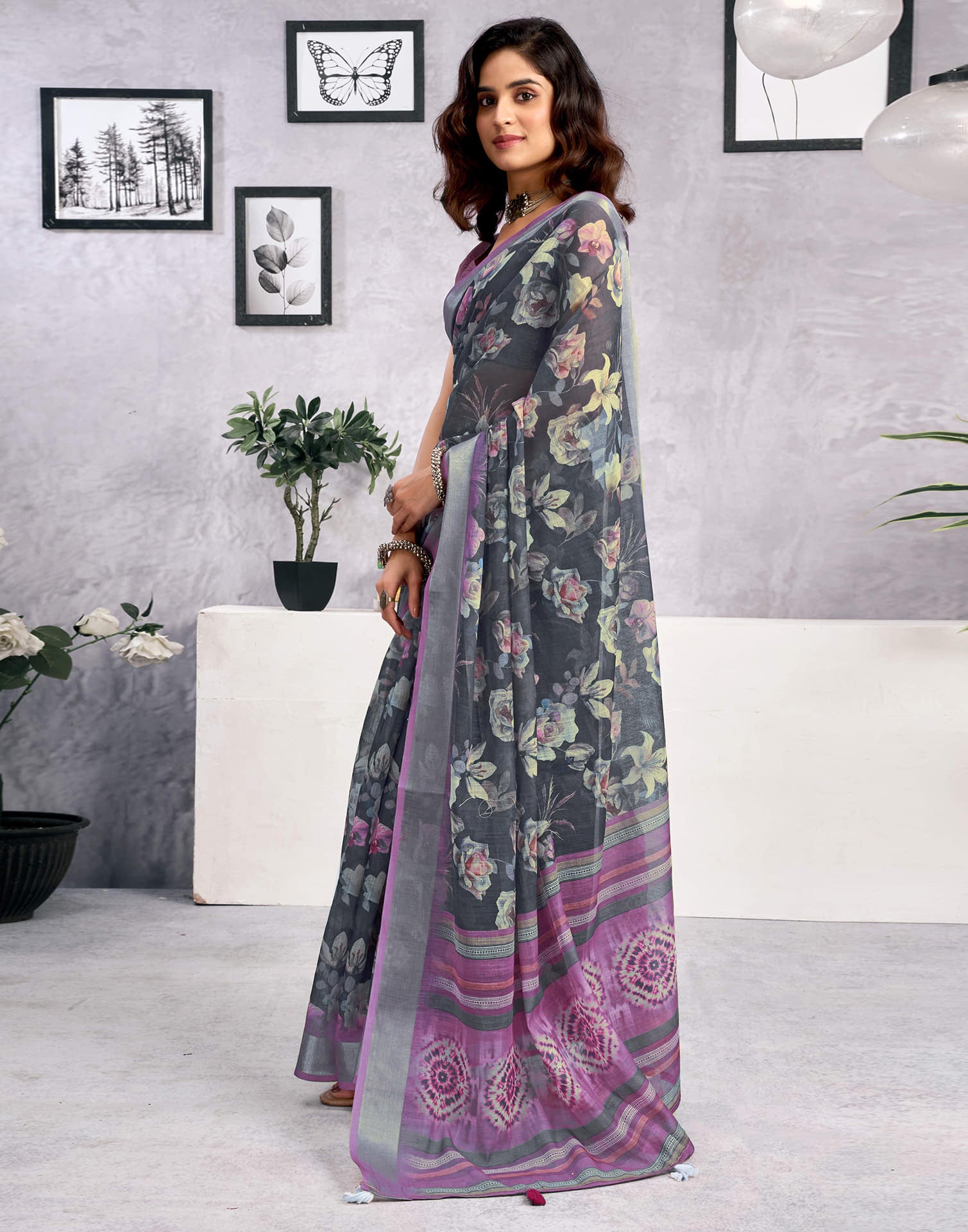 Dark Grey Linen Floral Printed Saree