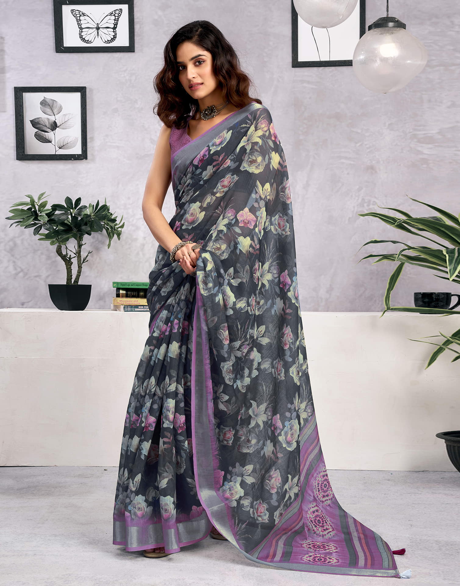 Dark Grey Linen Floral Printed Saree