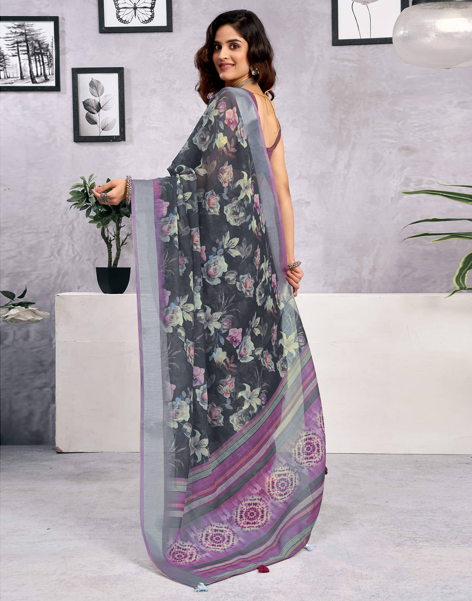 Dark Grey Linen Floral Printed Saree