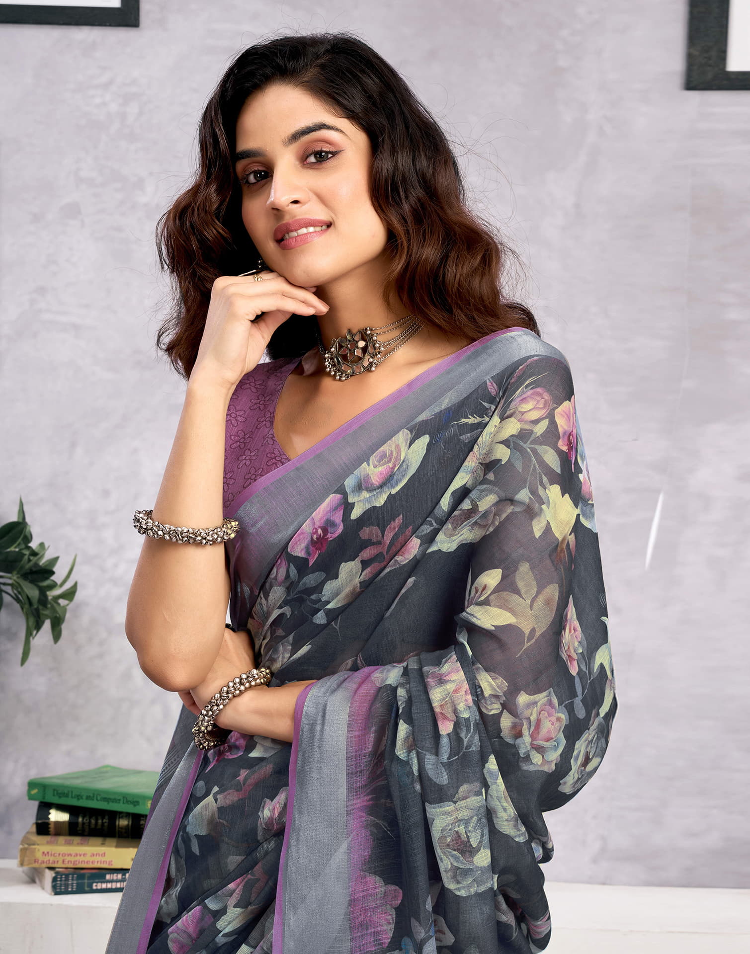 Dark Grey Linen Floral Printed Saree