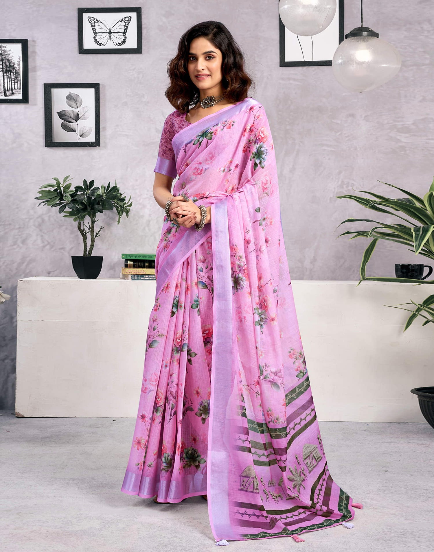 Light Pink Linen Floral Printed Saree