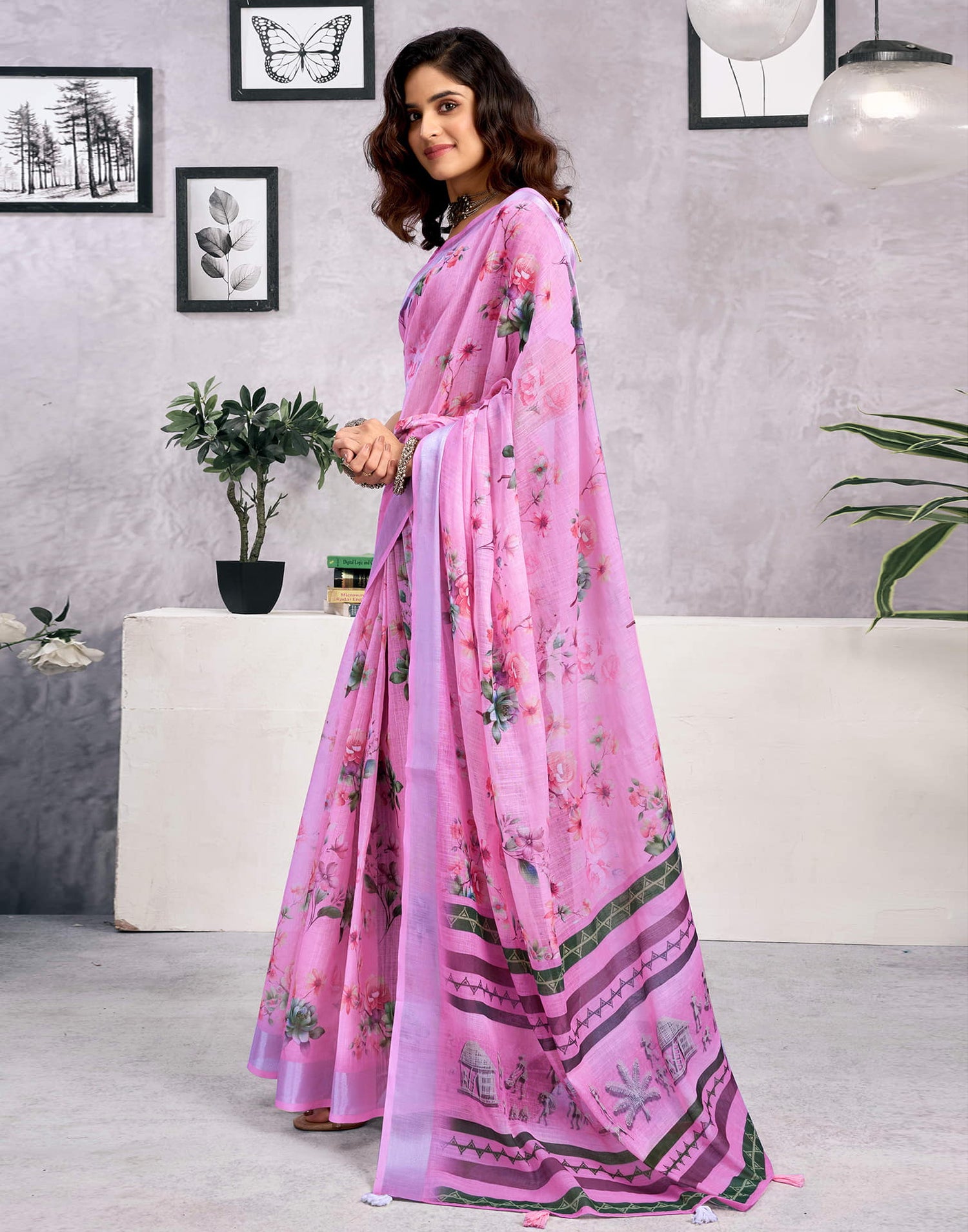 Light Pink Linen Floral Printed Saree