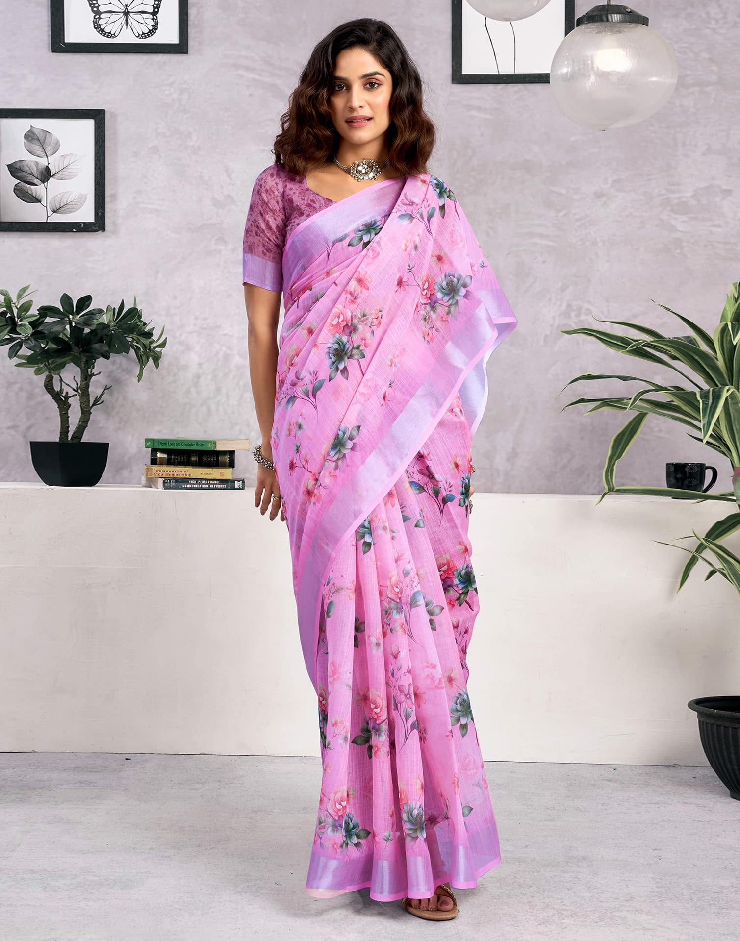 Light Pink Linen Floral Printed Saree