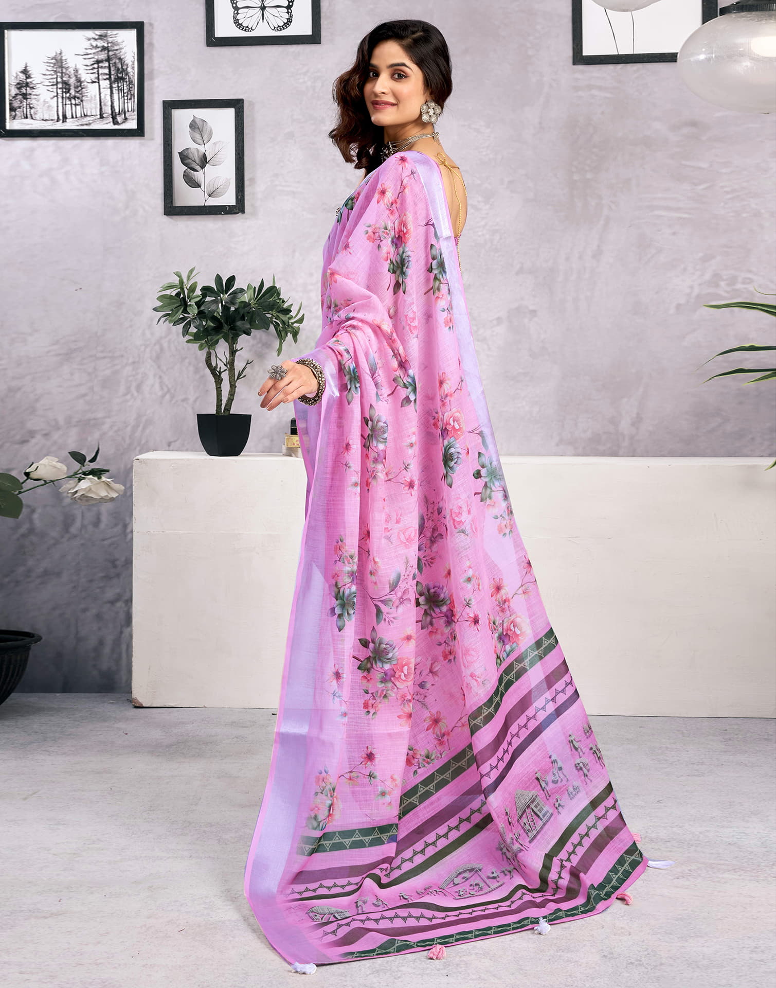 Light Pink Linen Floral Printed Saree