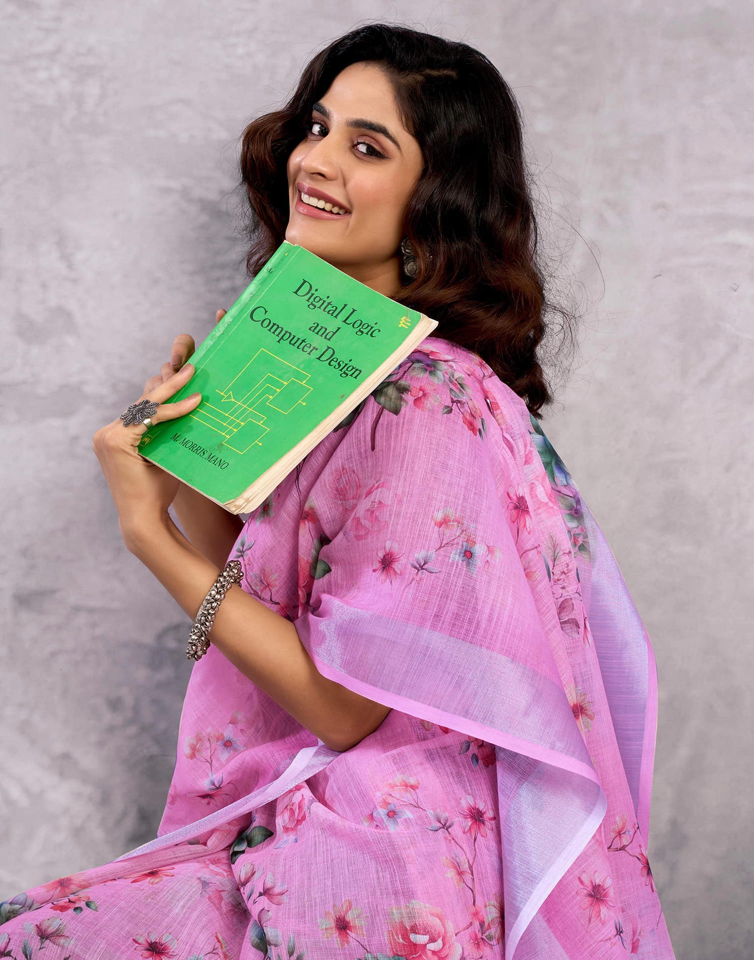 Light Pink Linen Floral Printed Saree