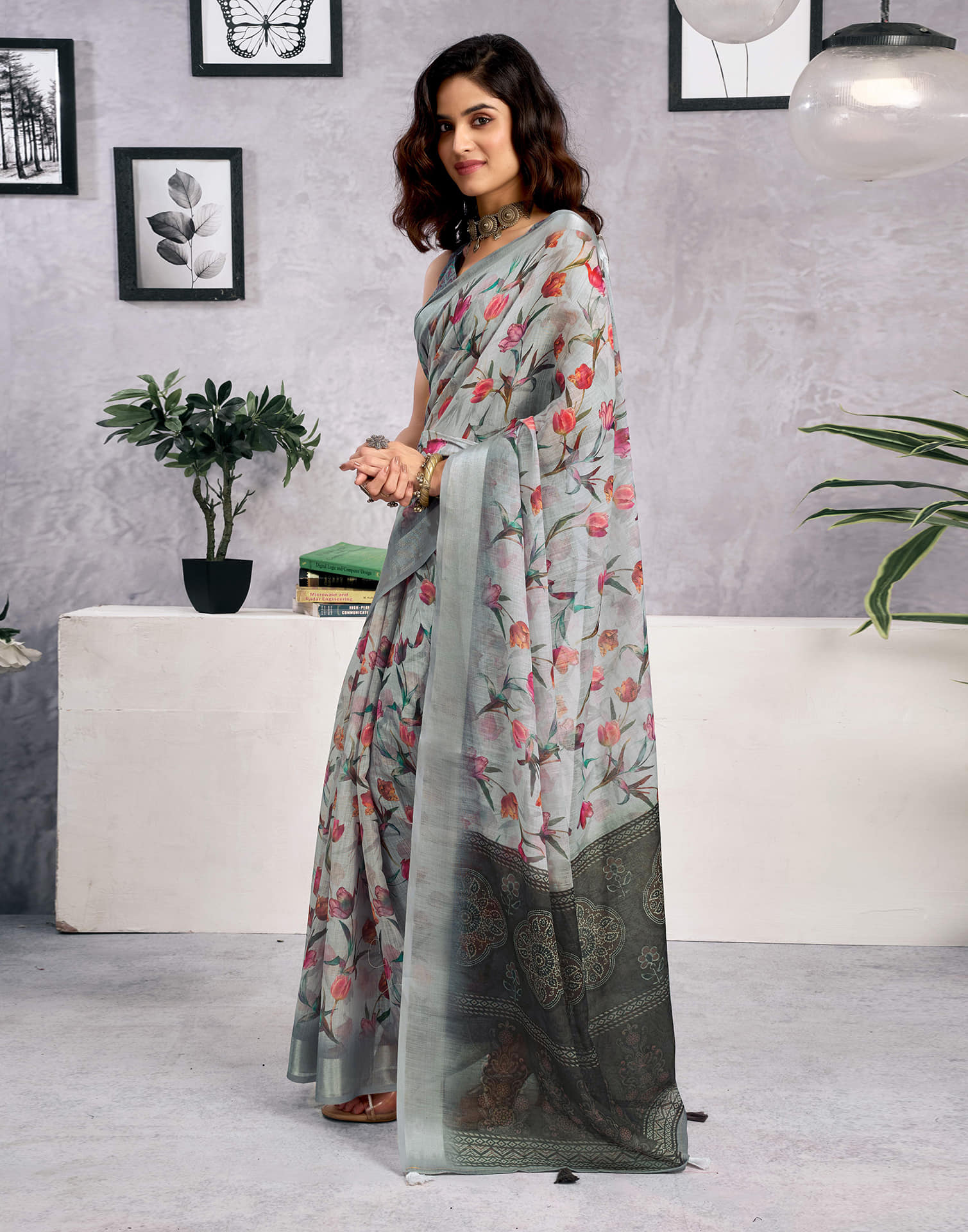 Grey Linen Floral Printed Saree