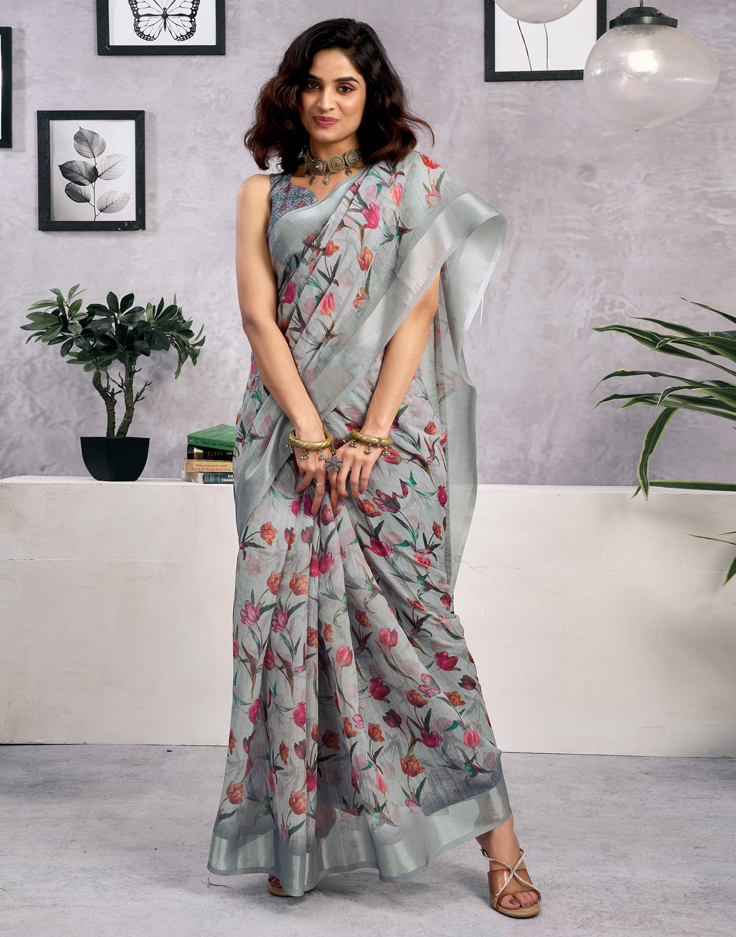 Grey Linen Floral Printed Saree