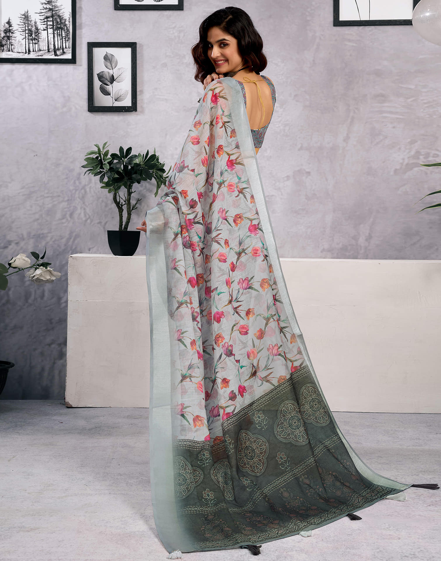 Grey Linen Floral Printed Saree