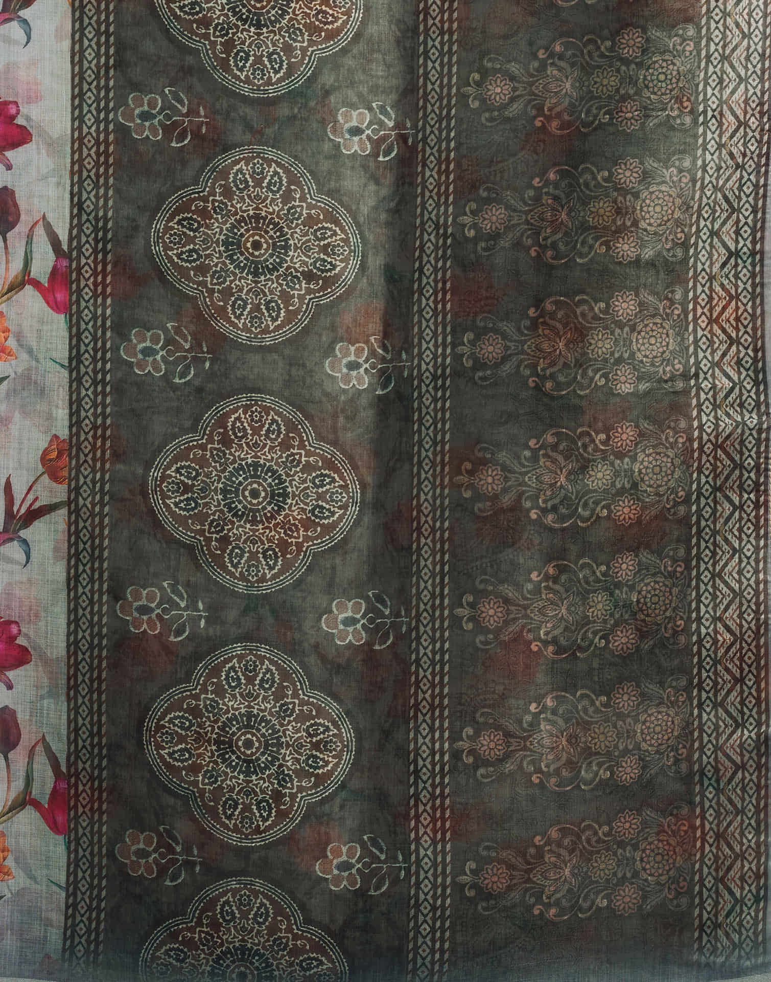 Grey Linen Floral Printed Saree