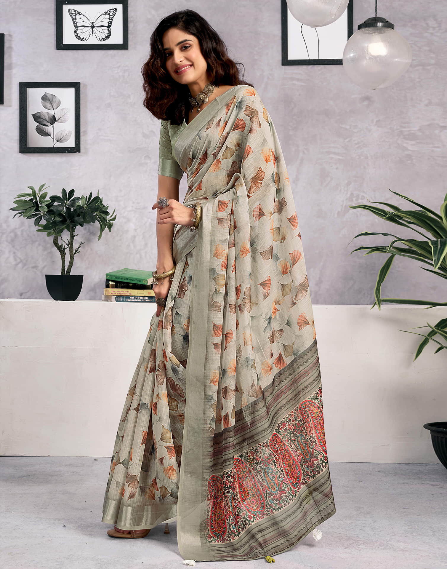 Light Beige Linen Floral Printed Saree