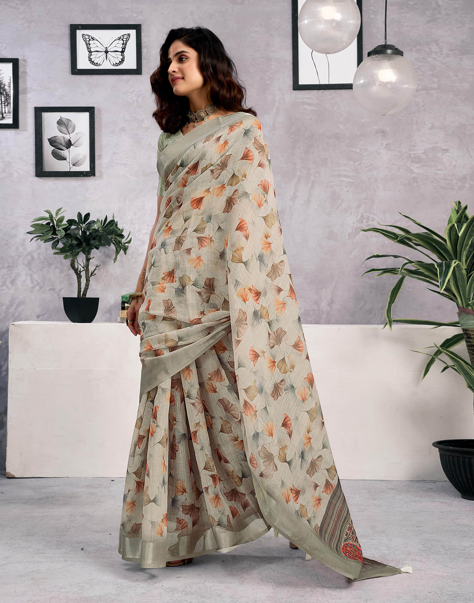 Light Beige Linen Floral Printed Saree