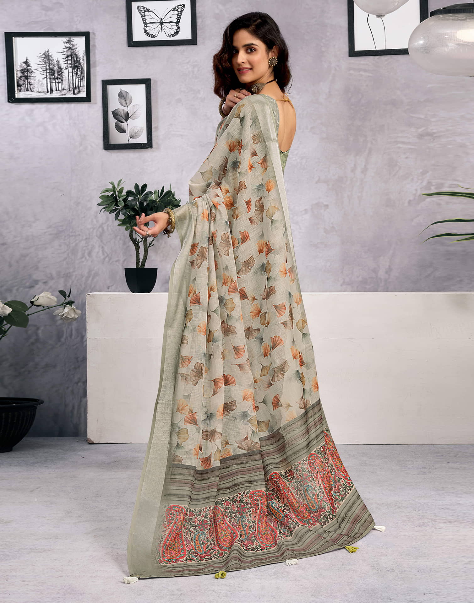 Light Beige Linen Floral Printed Saree