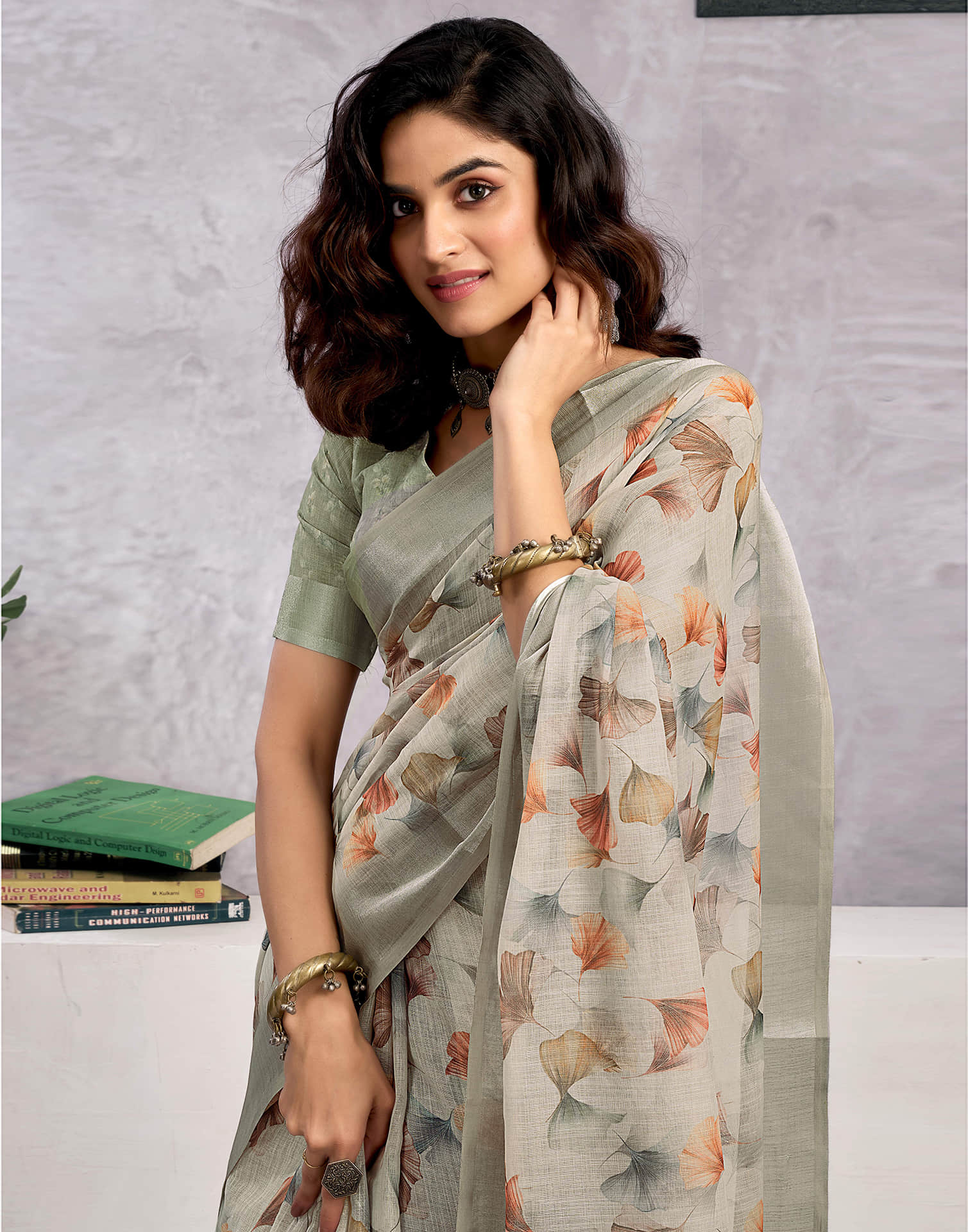Light Beige Linen Floral Printed Saree