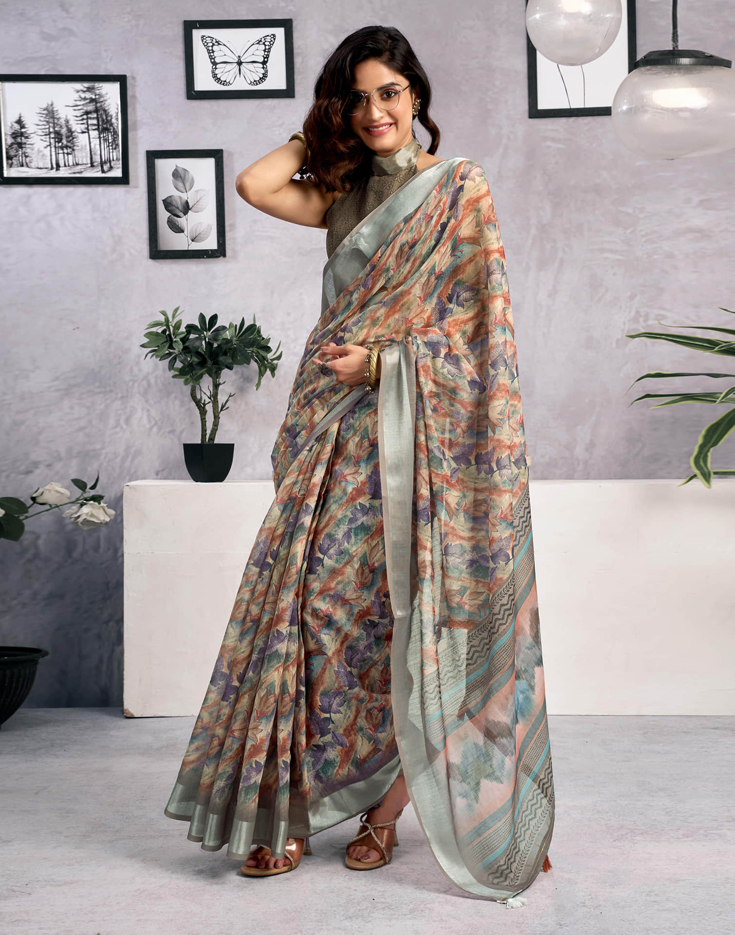 Beige Linen Printed Saree