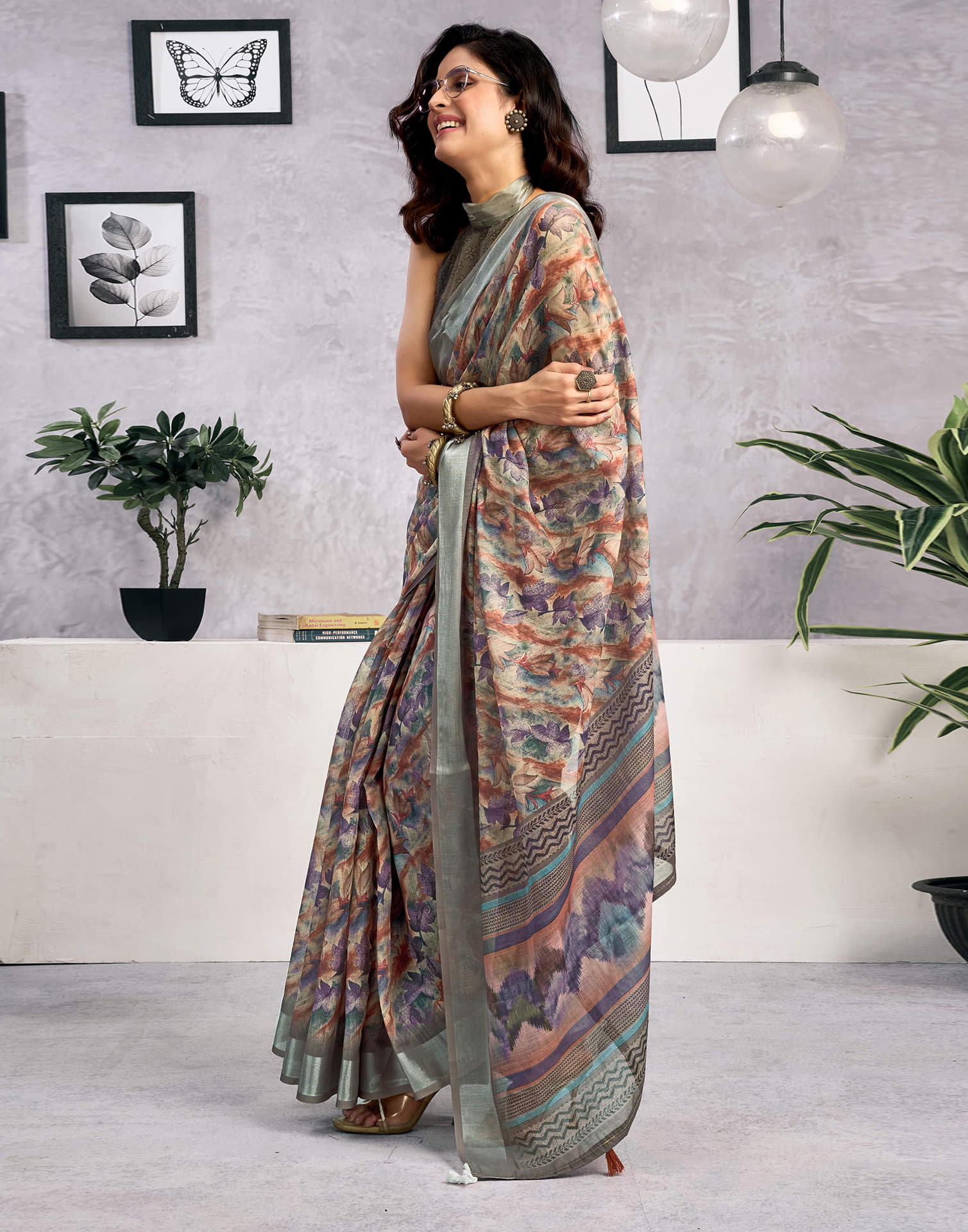 Beige Linen Printed Saree