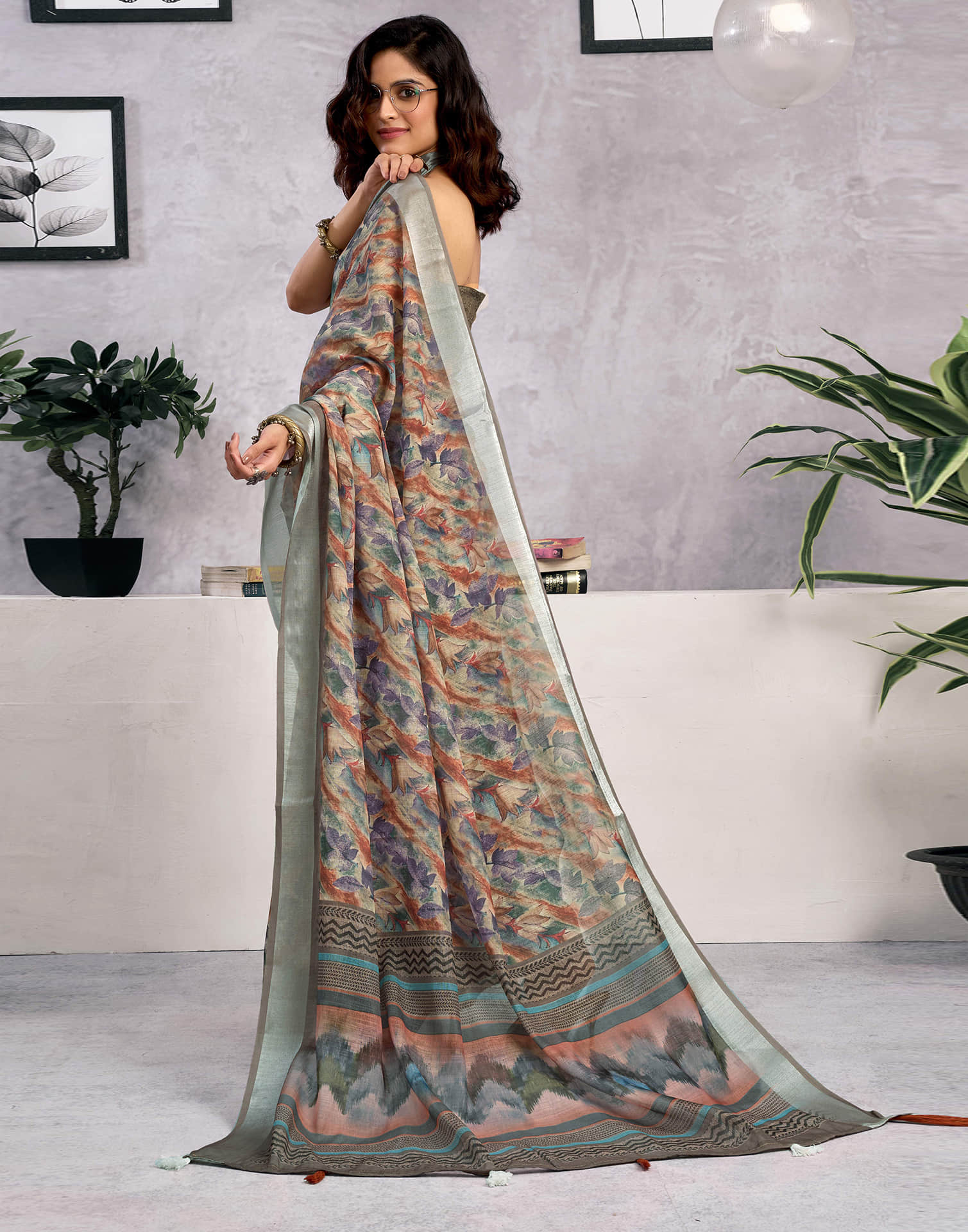 Beige Linen Printed Saree