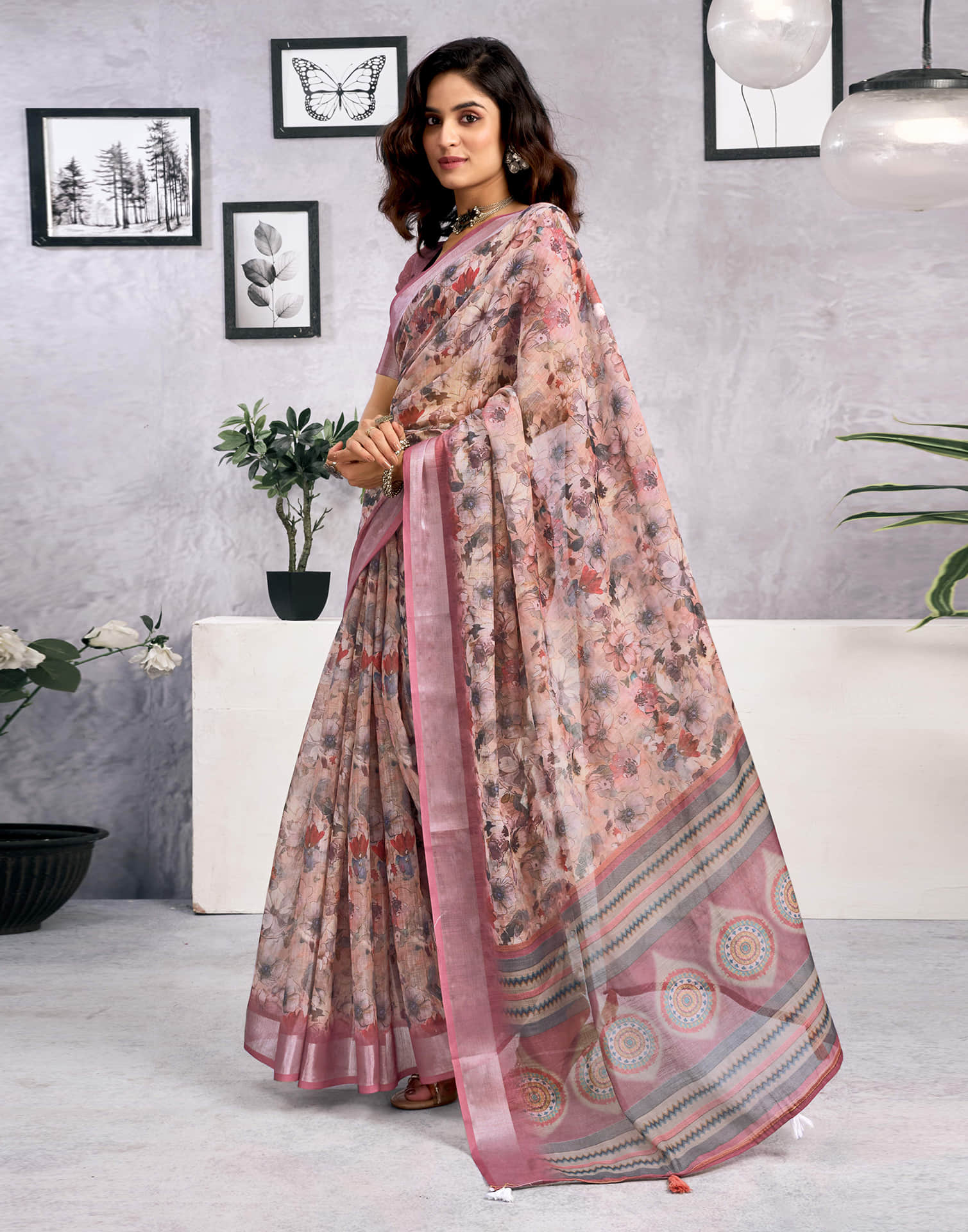 Cream Linen Floral Printed Saree