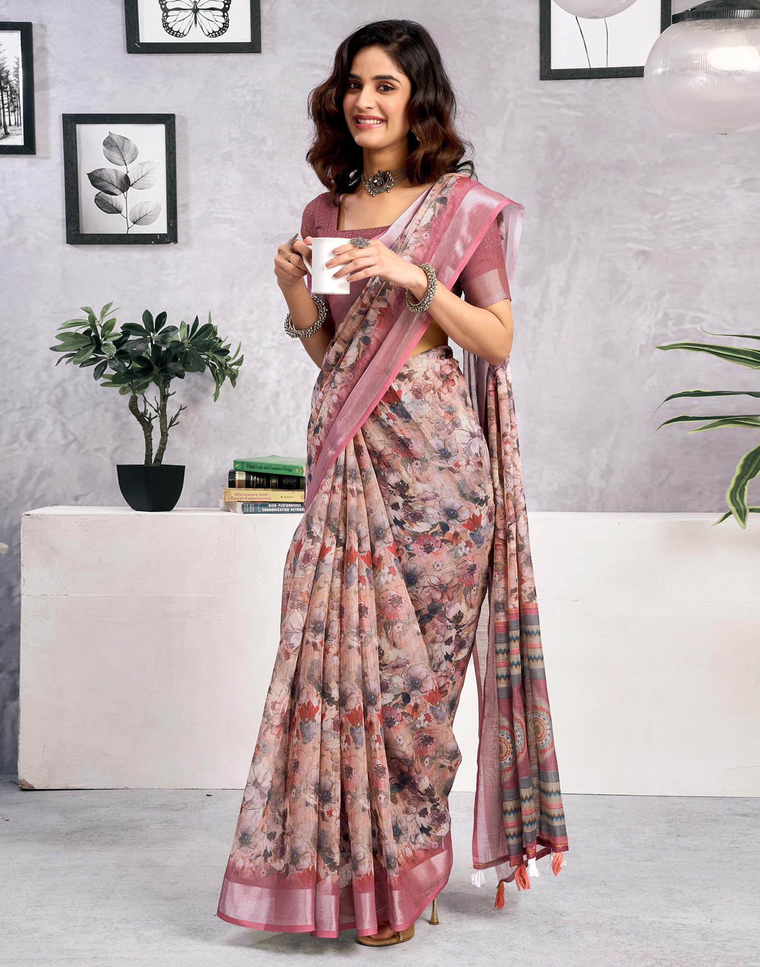 Cream Linen Floral Printed Saree