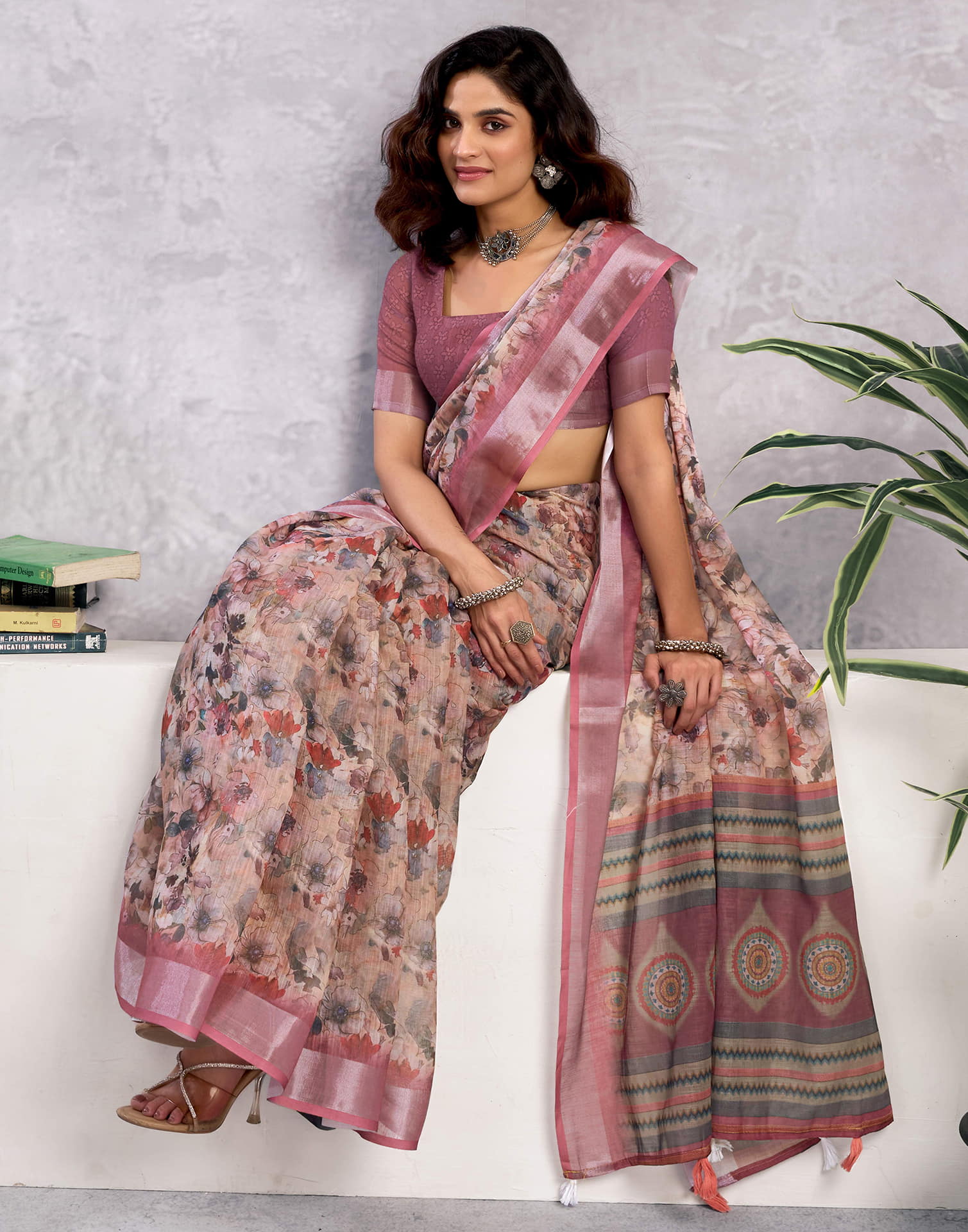 Cream Linen Floral Printed Saree
