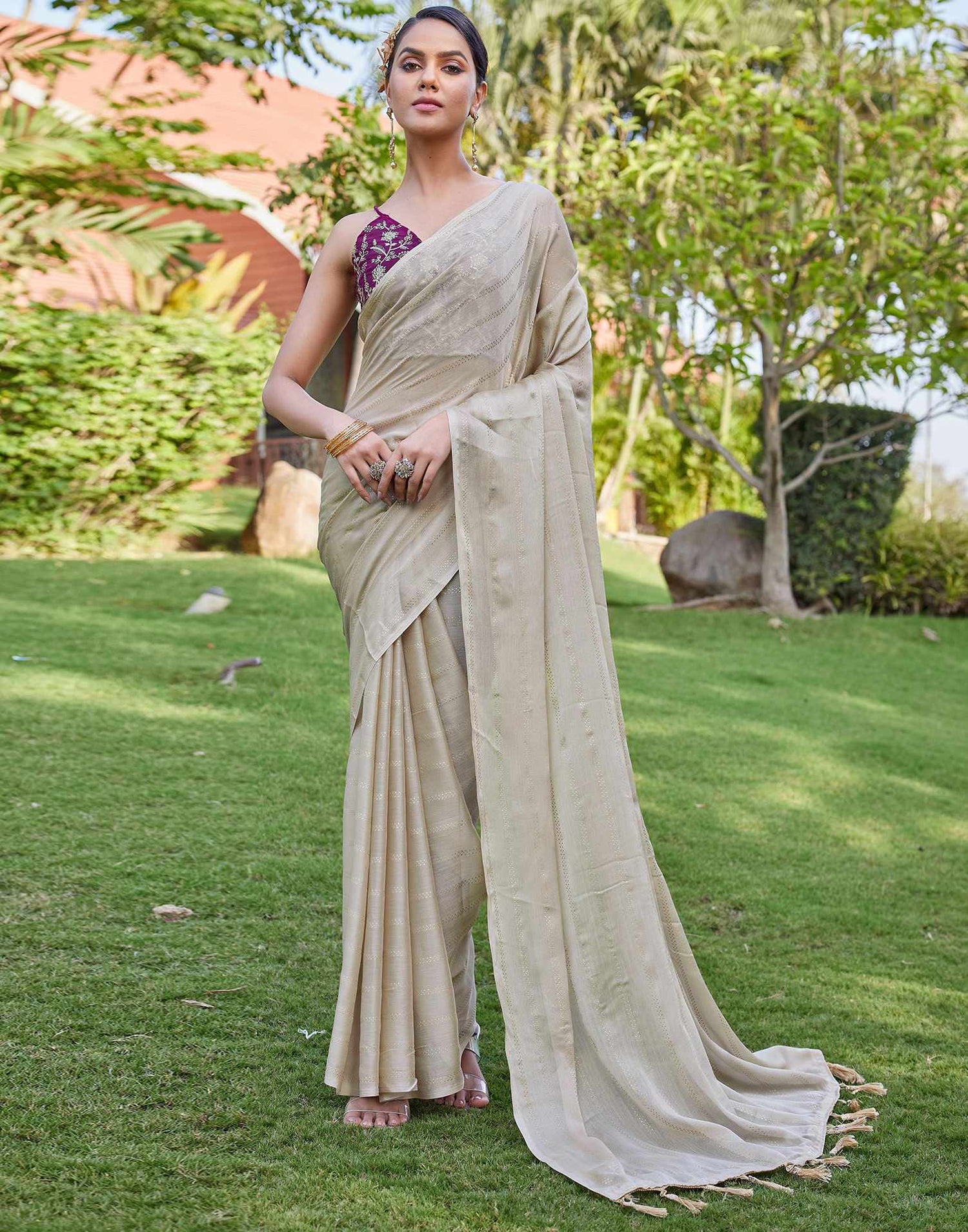 Beige Georgette Foil Printed Saree