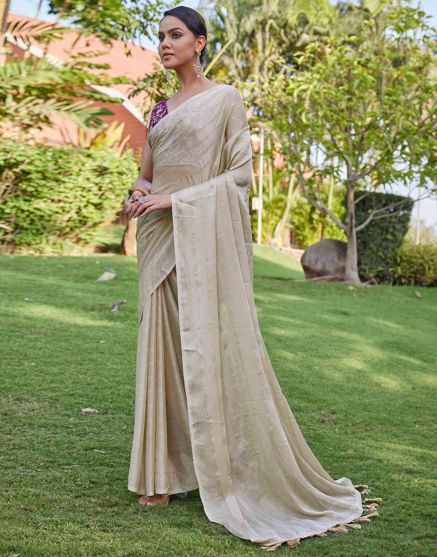Beige Georgette Foil Printed Saree