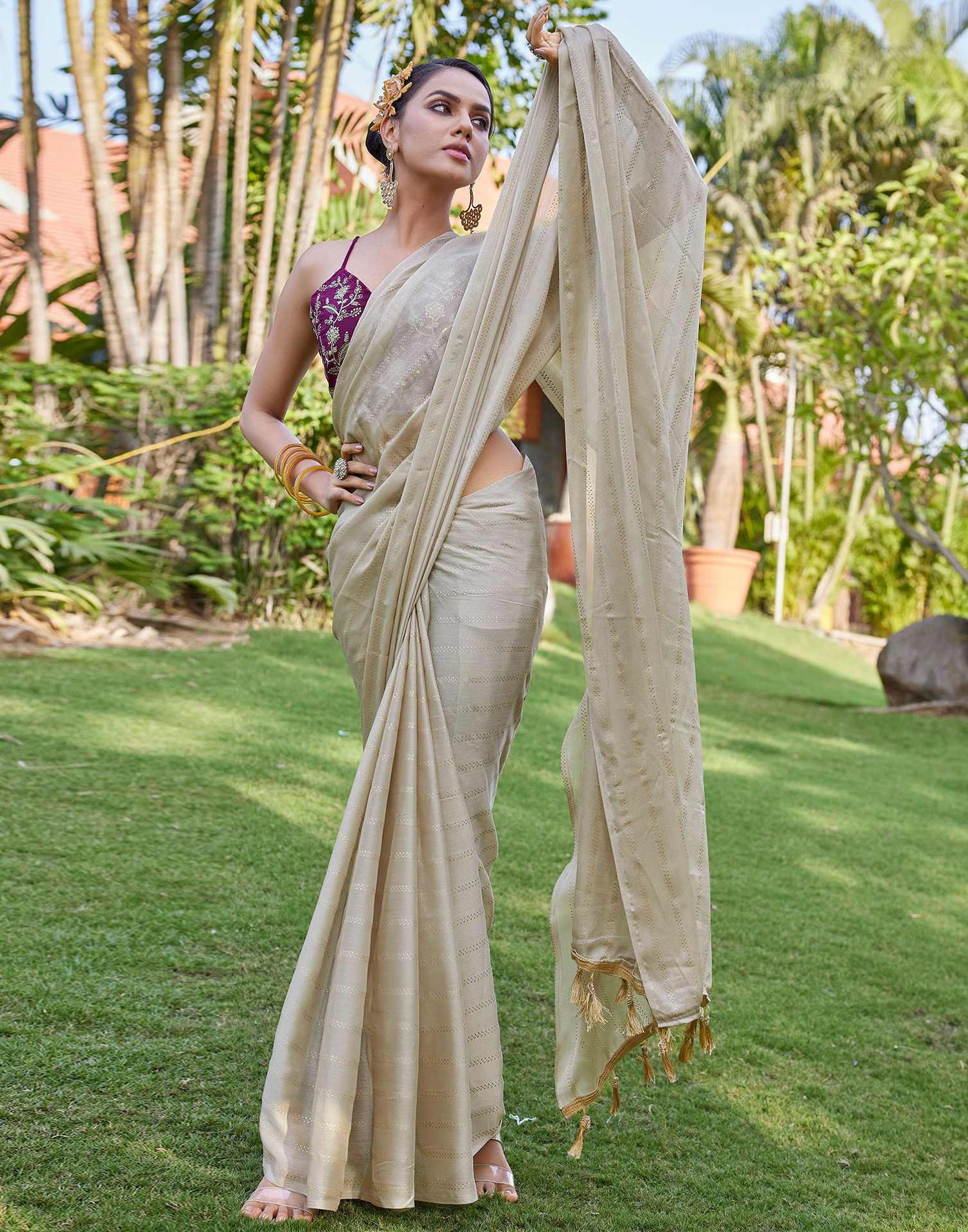 Beige Georgette Foil Printed Saree