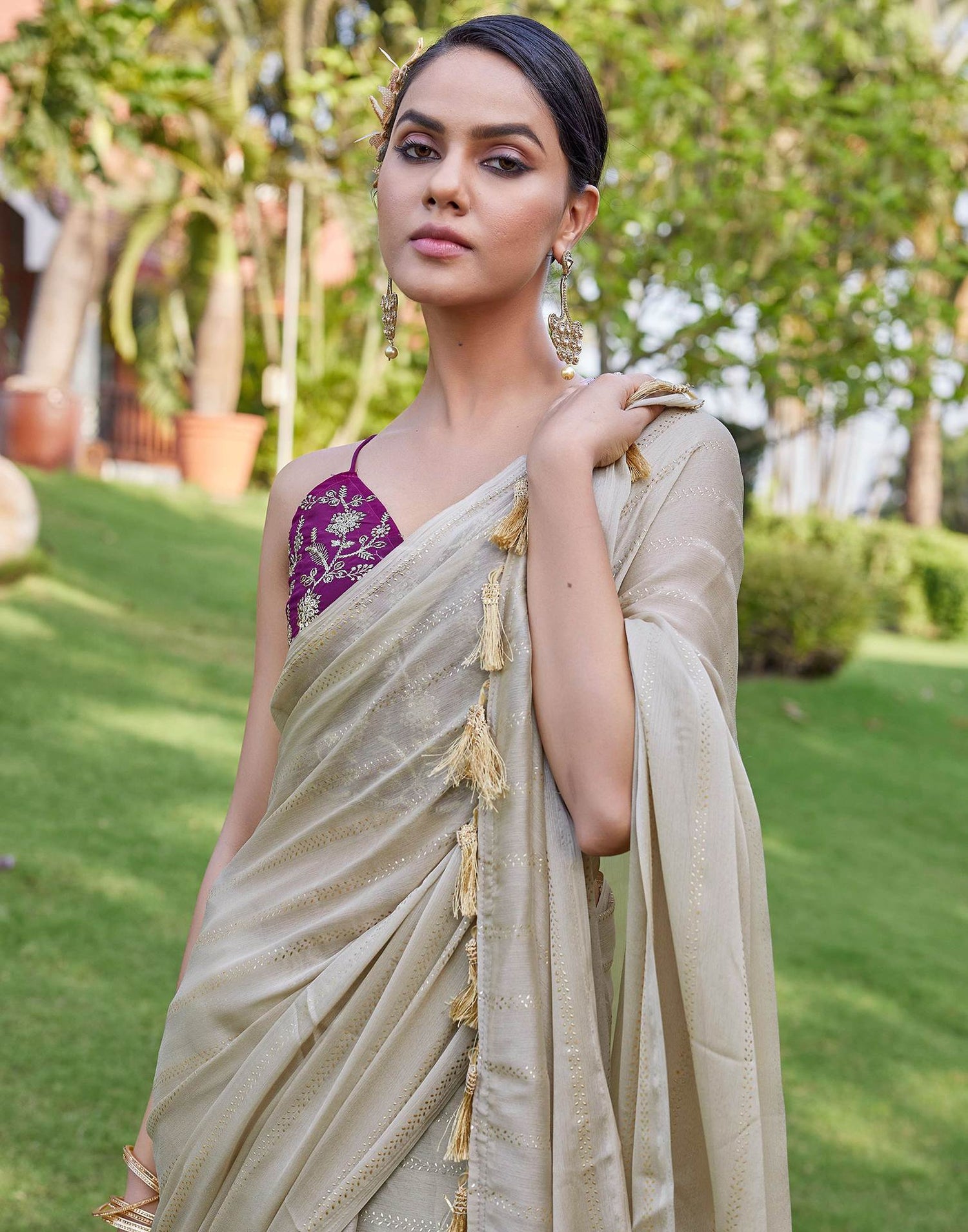 Beige Georgette Foil Printed Saree