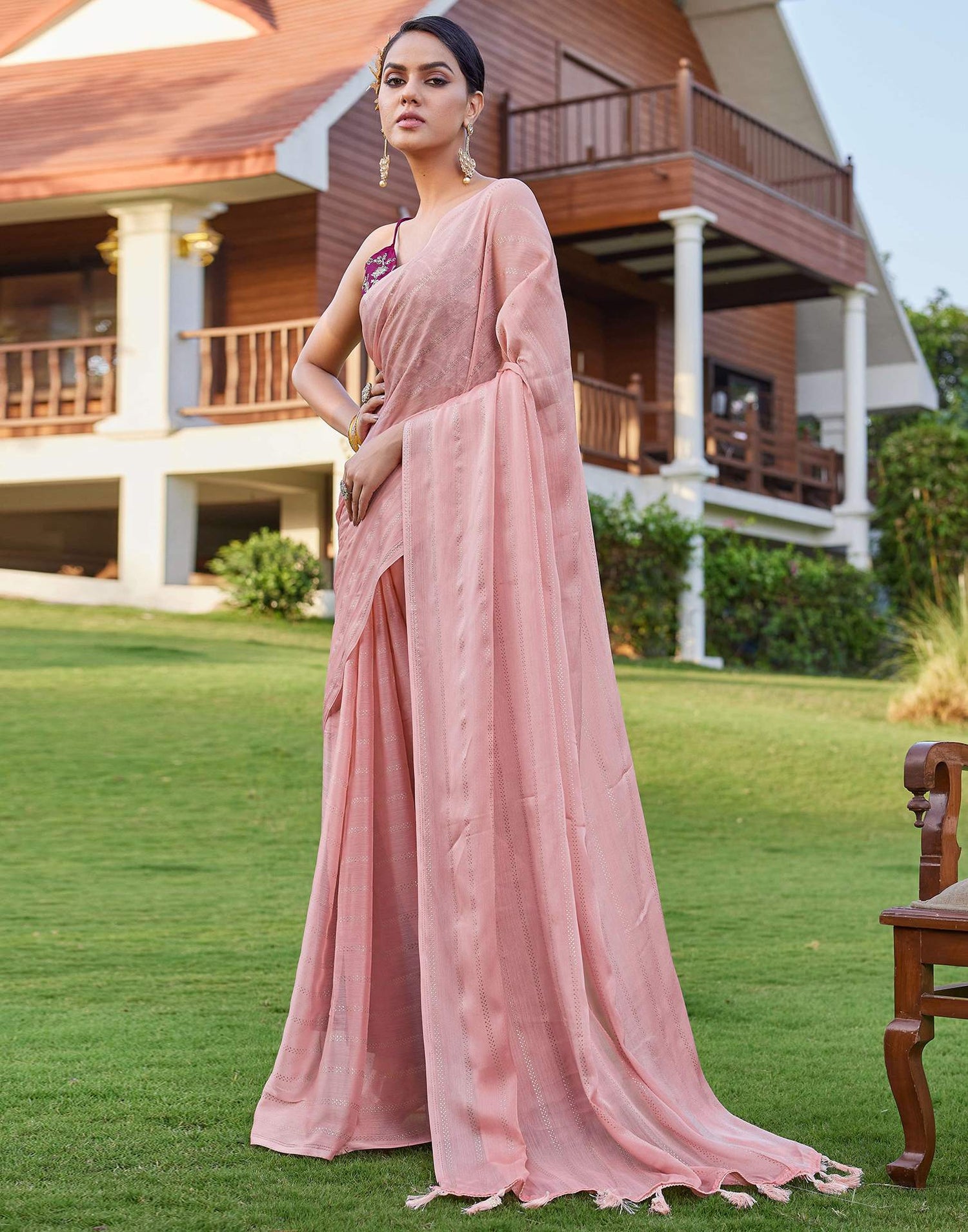 Peach Pink Georgette Foil Printed Saree