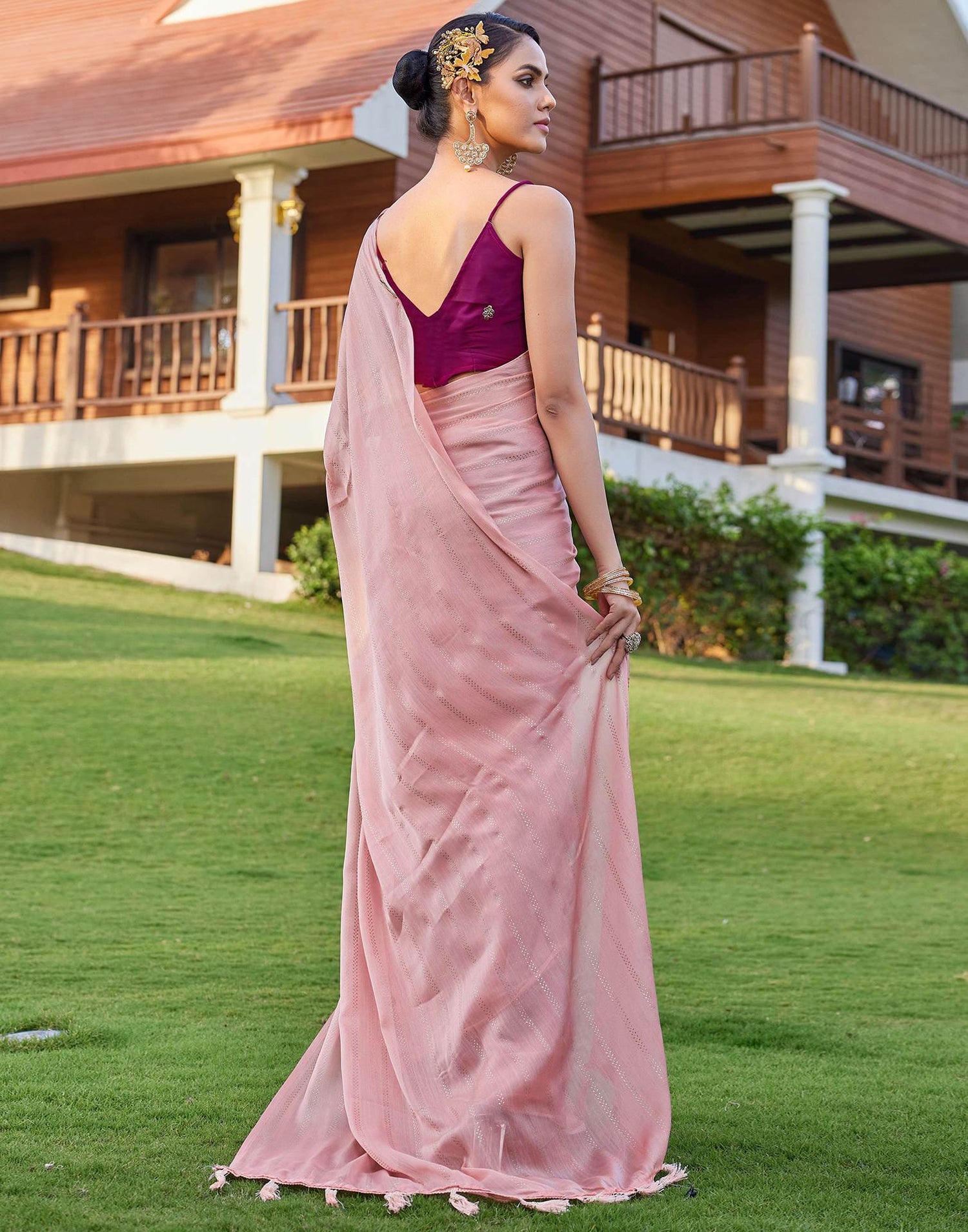 Peach Pink Georgette Foil Printed Saree