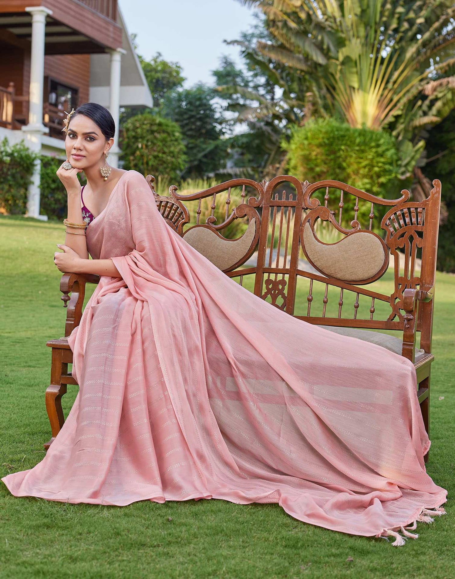 Peach Pink Georgette Foil Printed Saree