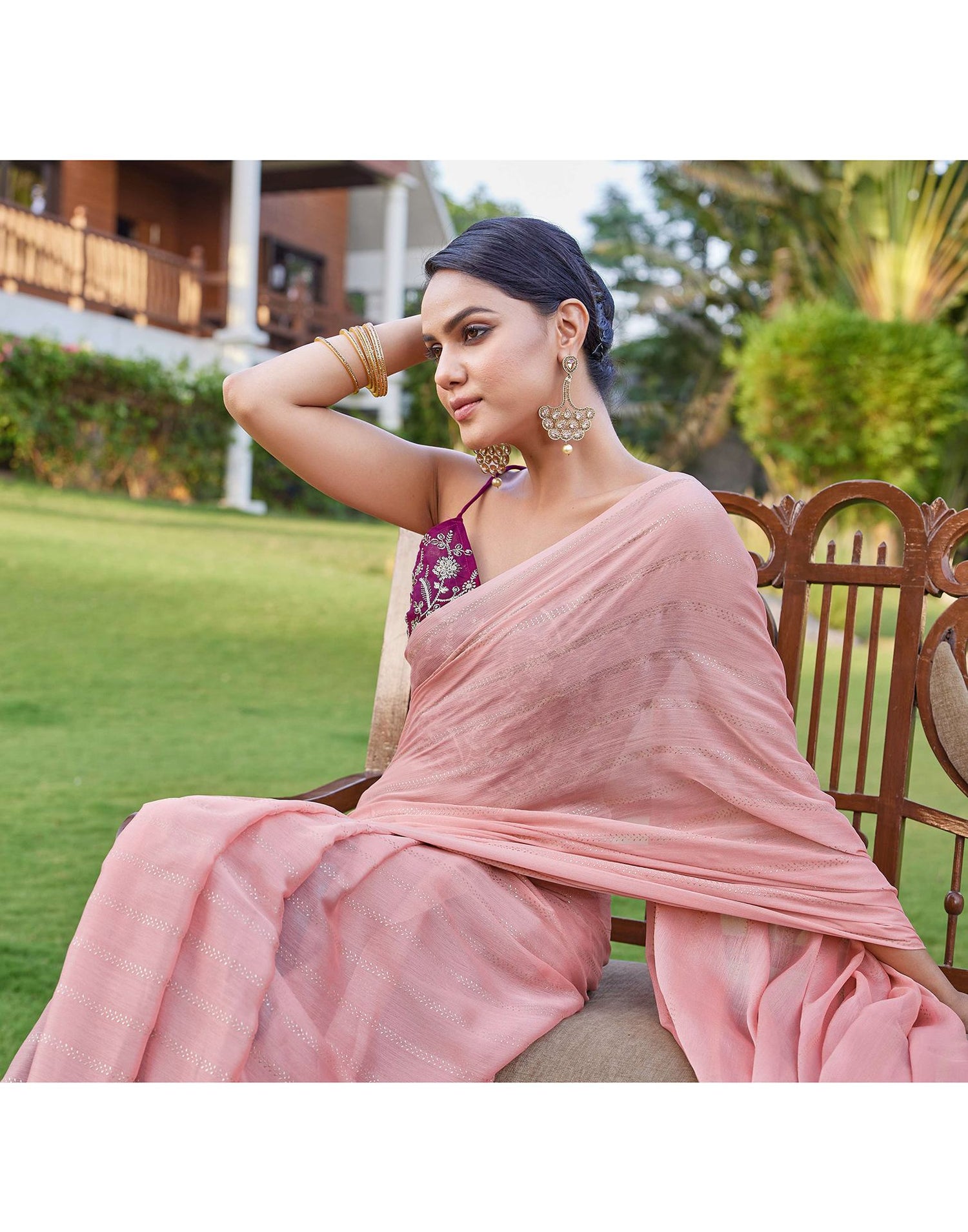 Peach Pink Georgette Foil Printed Saree