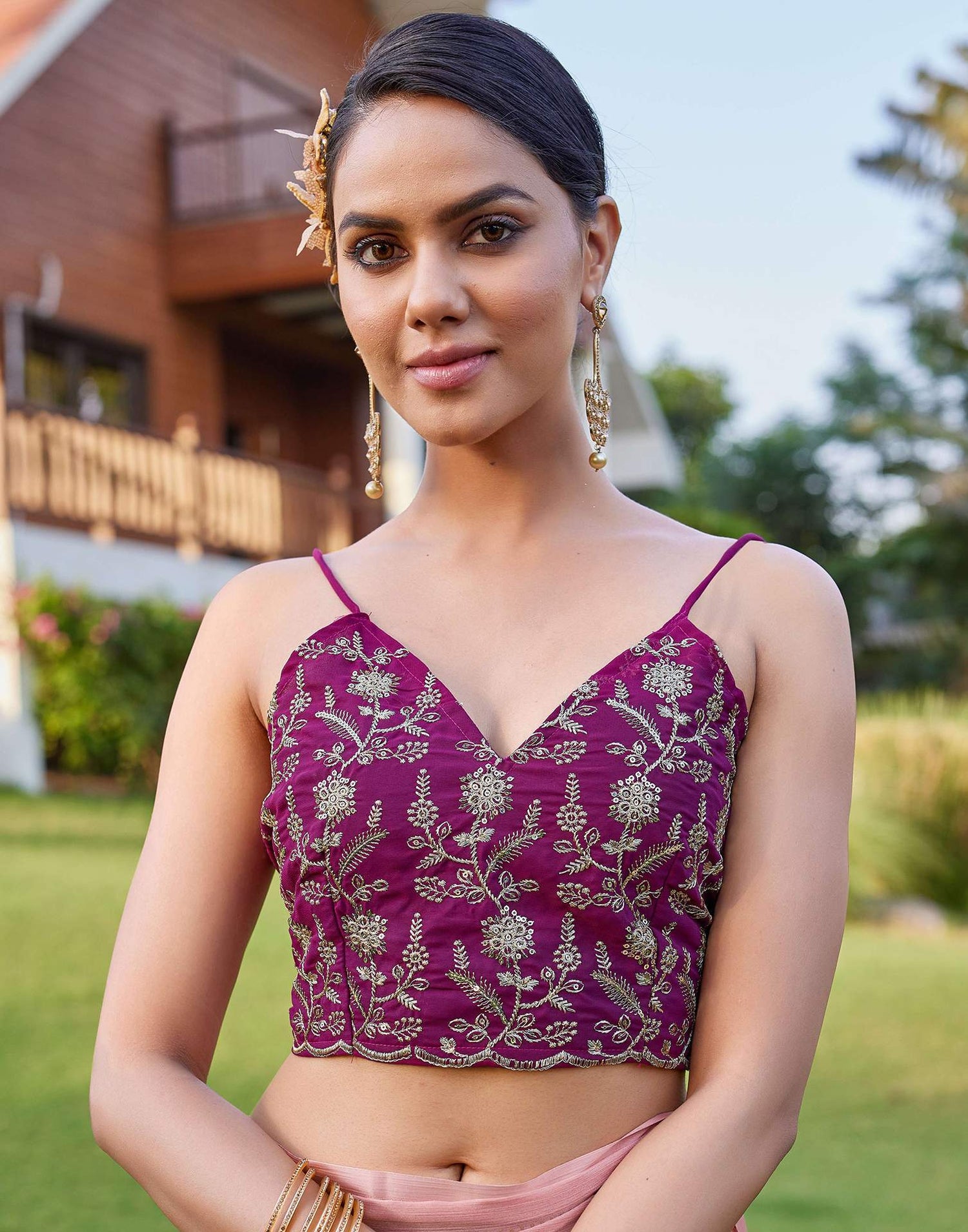 Peach Pink Georgette Foil Printed Saree