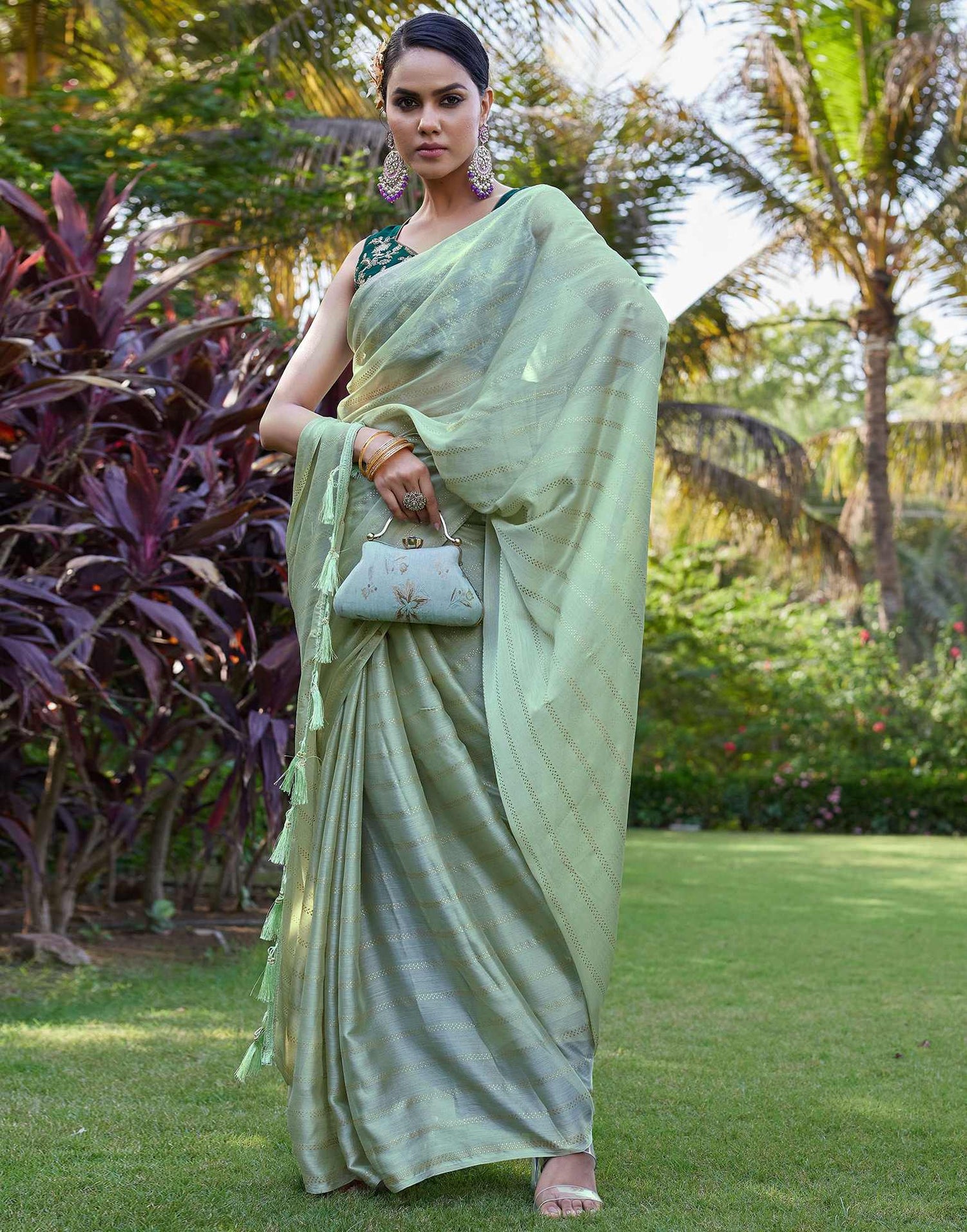 Light Green Georgette Foil Printed Saree