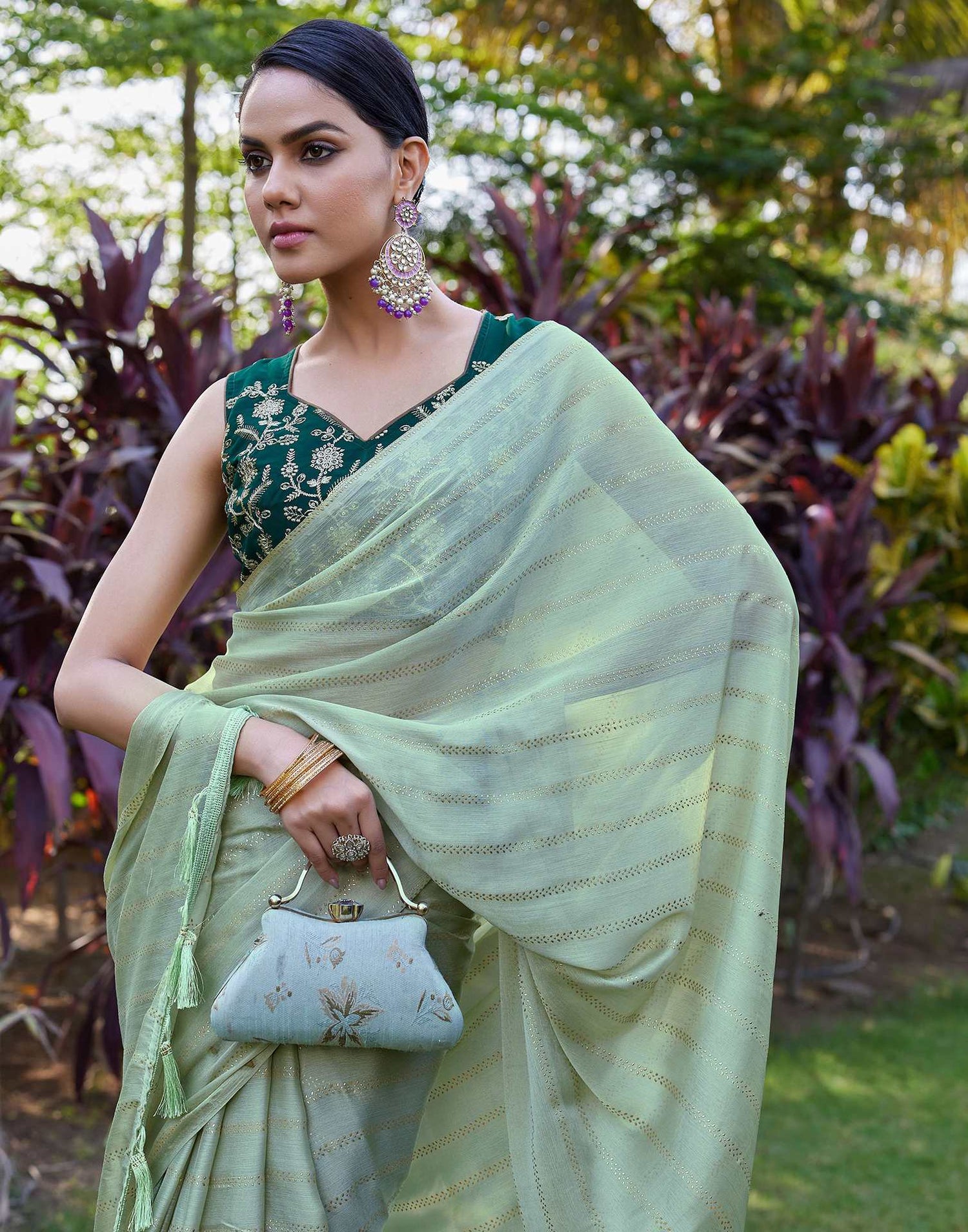 Light Green Georgette Foil Printed Saree