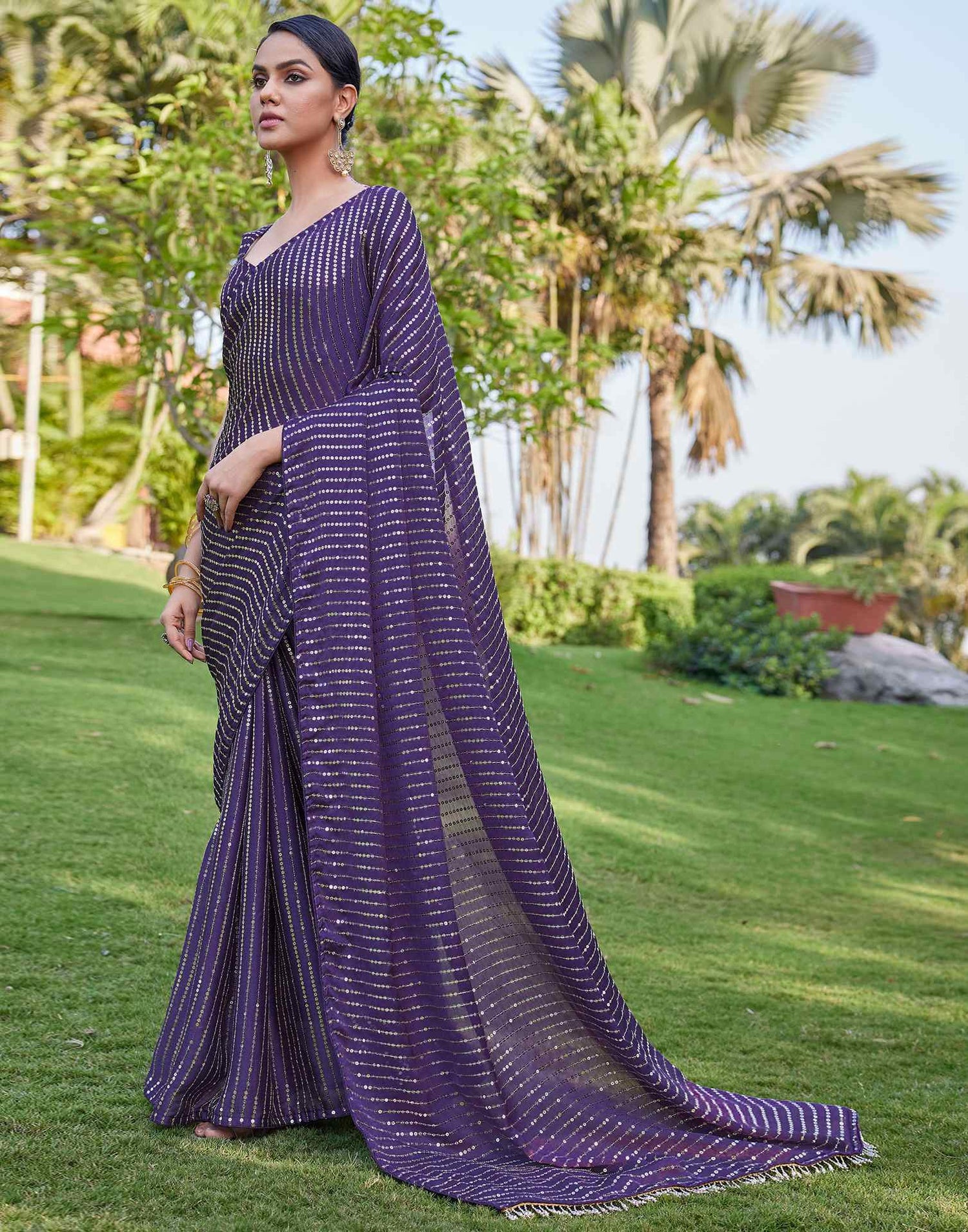 Dusty Purple Satin Sequence Saree