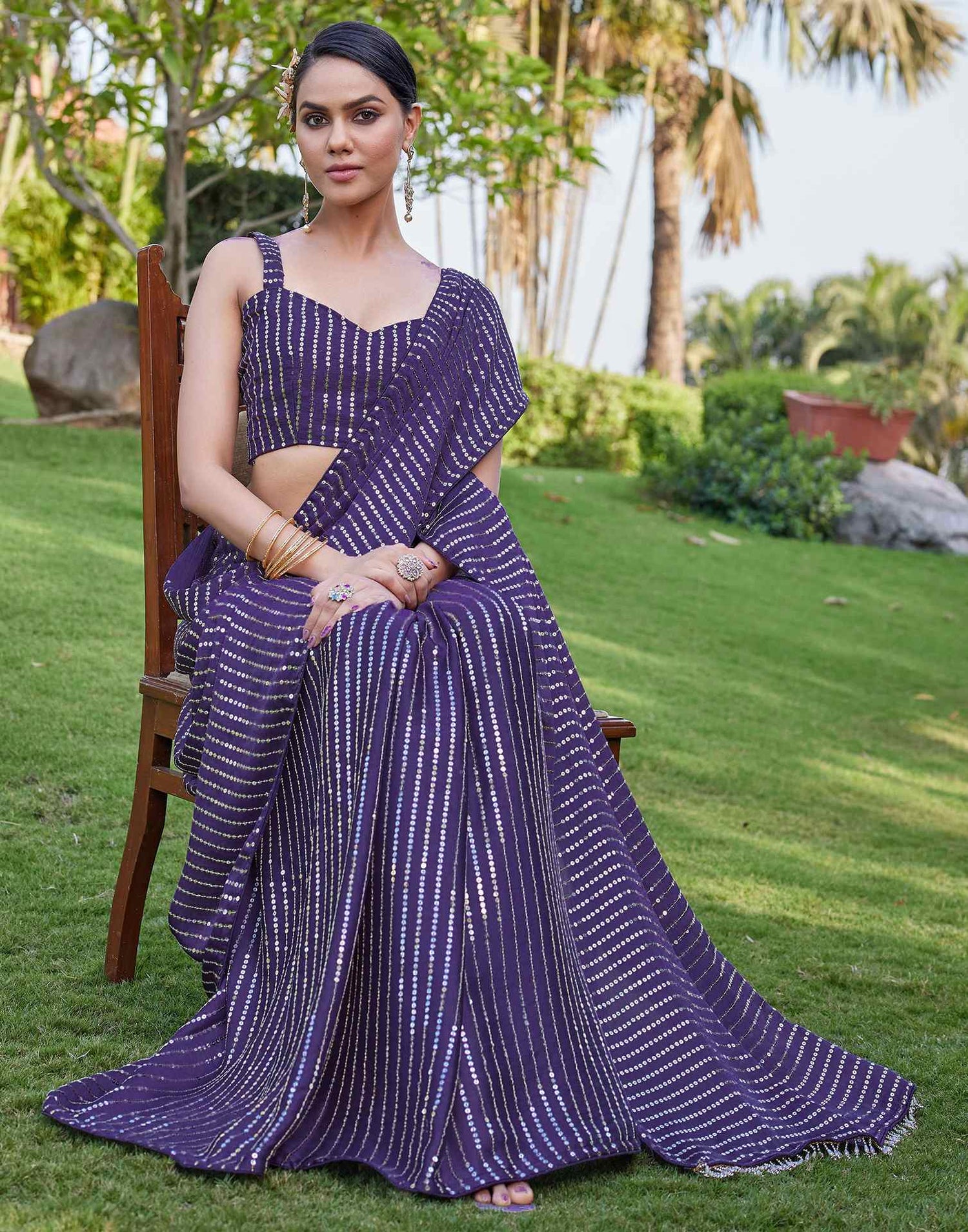 Dusty Purple Satin Sequence Saree